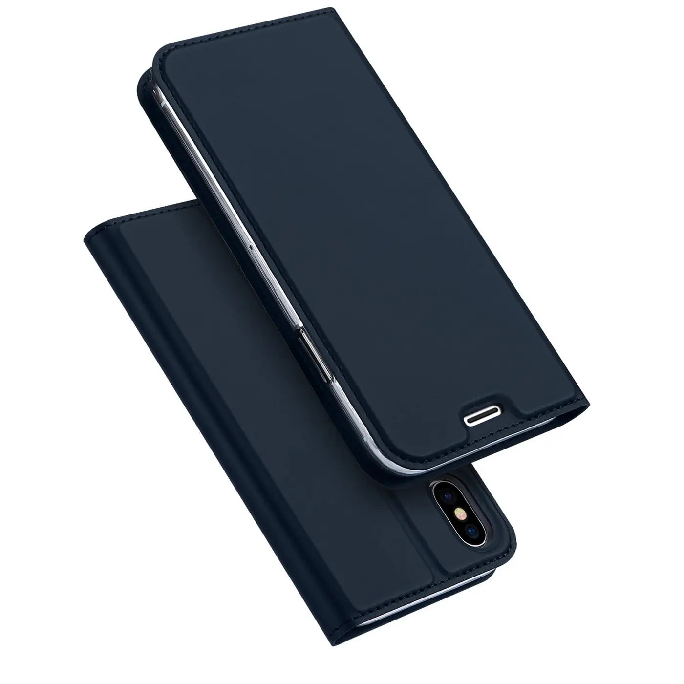 Dunkelblaue Leder-Flip-Hülle für iPhone X/XS, von vorne schräg fotografiert.