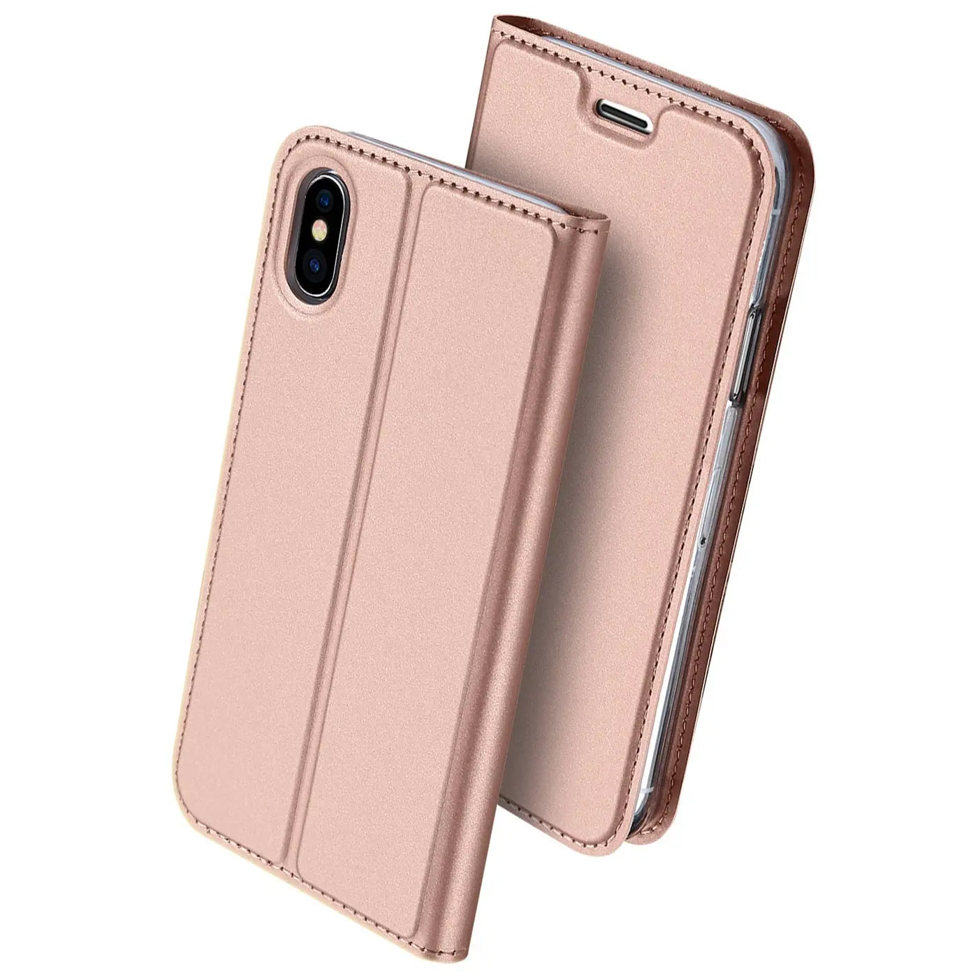 Roségoldene Klapphülle aus Kunstleder für iPhone X/XS, von vorne schräg fotografiert.