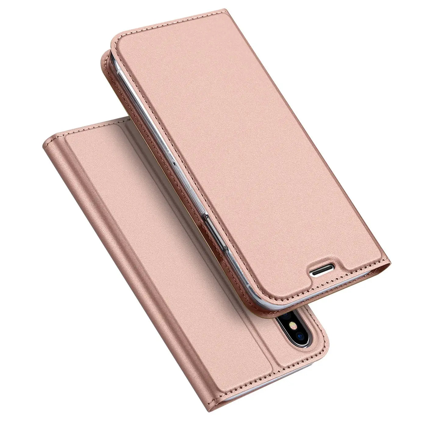 Rosafarbene Leder-Flip-Hülle für iPhone X/XS, von vorne, geschlossen.