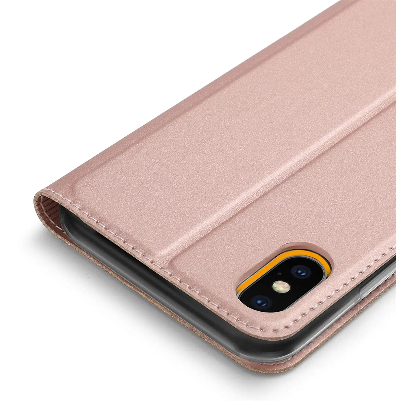 iPhone X/XS Hülle, Metallic-Finish, Rosa, Lederoptik, Klapphülle, Nahaufnahme