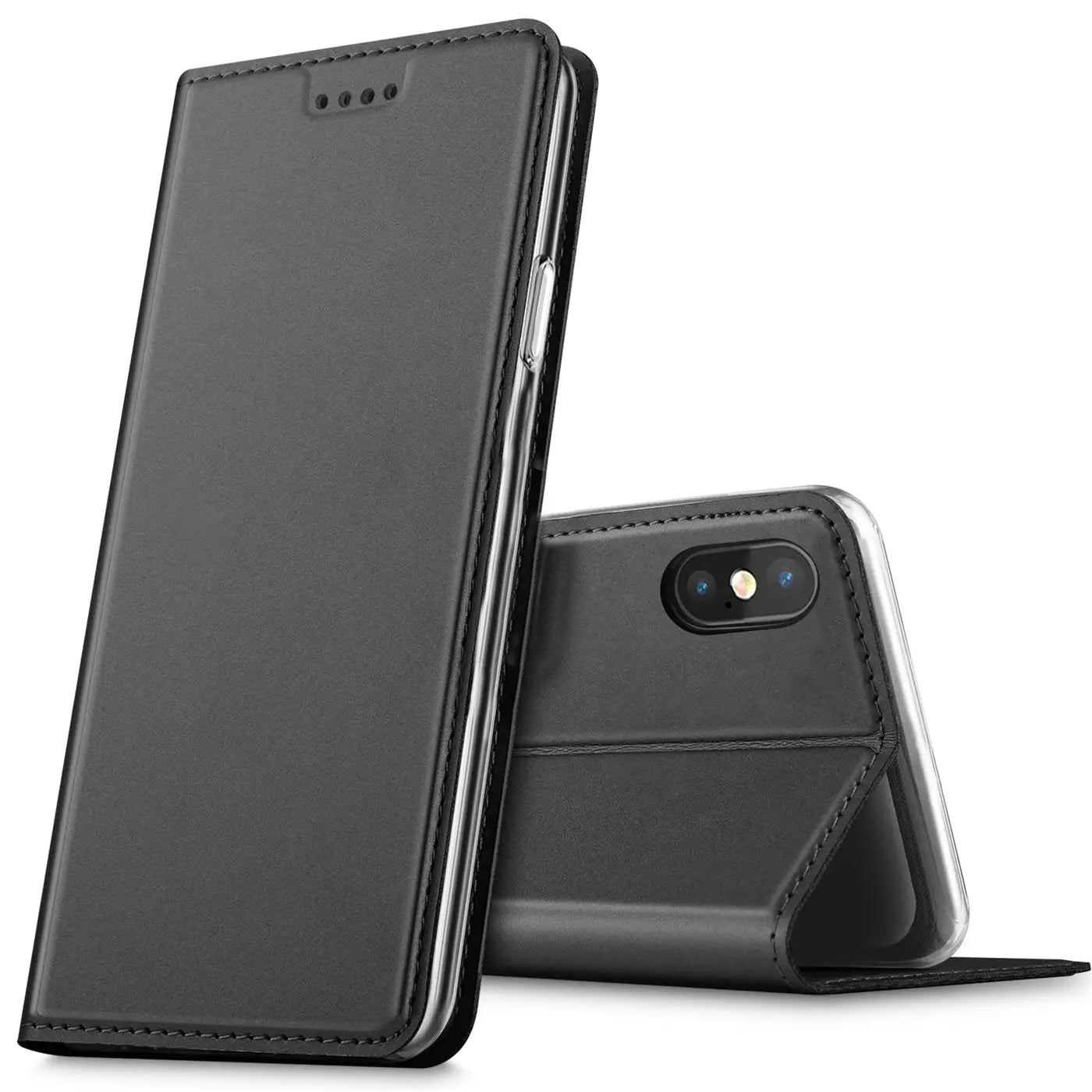 Schwarze Leder-Flip-Hülle für iPhone X/XS, von vorne und hinten gezeigt.