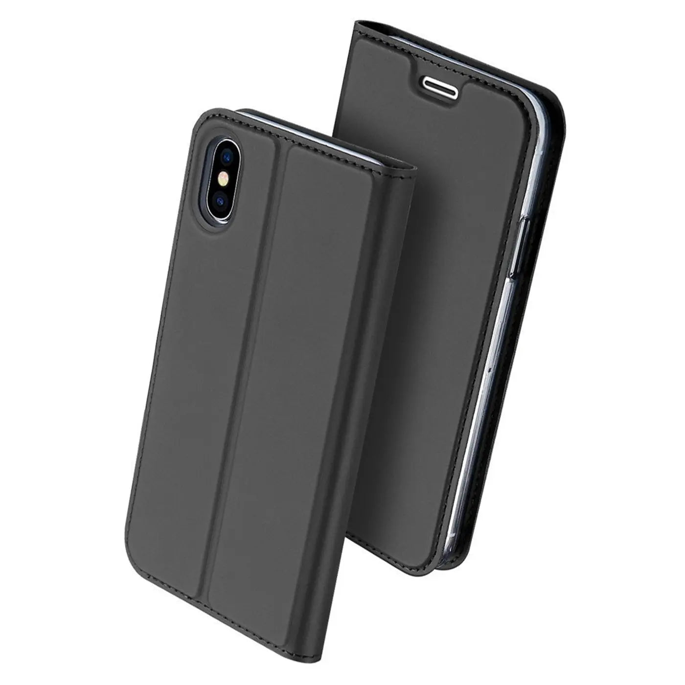 Schwarze Klapphülle aus Leder für iPhone X/XS, von vorne schräg fotografiert.
