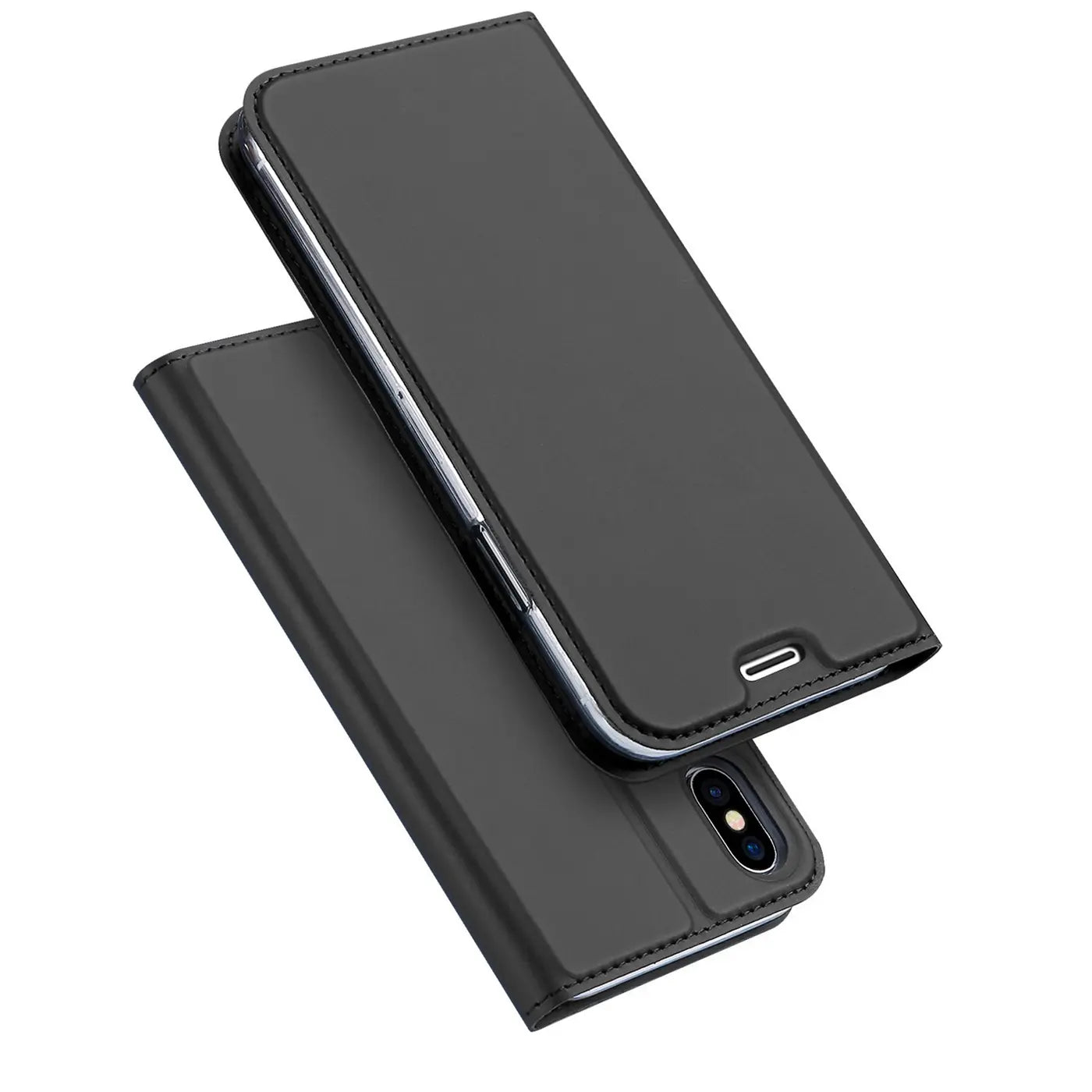 Dunkelgraue Leder-Flip-Hülle für iPhone X/XS, von vorne schräg betrachtet.