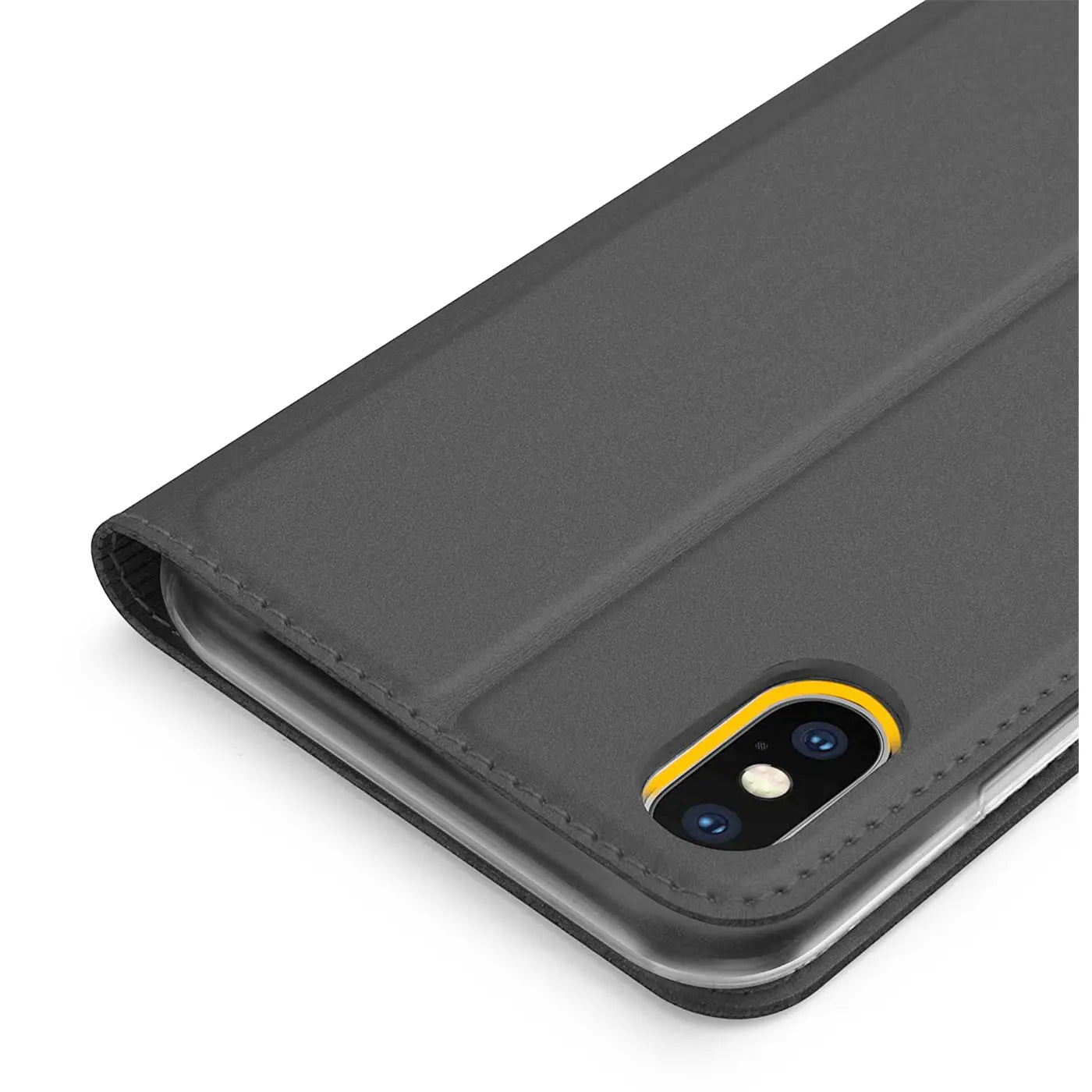 Graue Kunstleder-Flip-Hülle, Nahaufnahme, iPhone X/XS mit Kamera