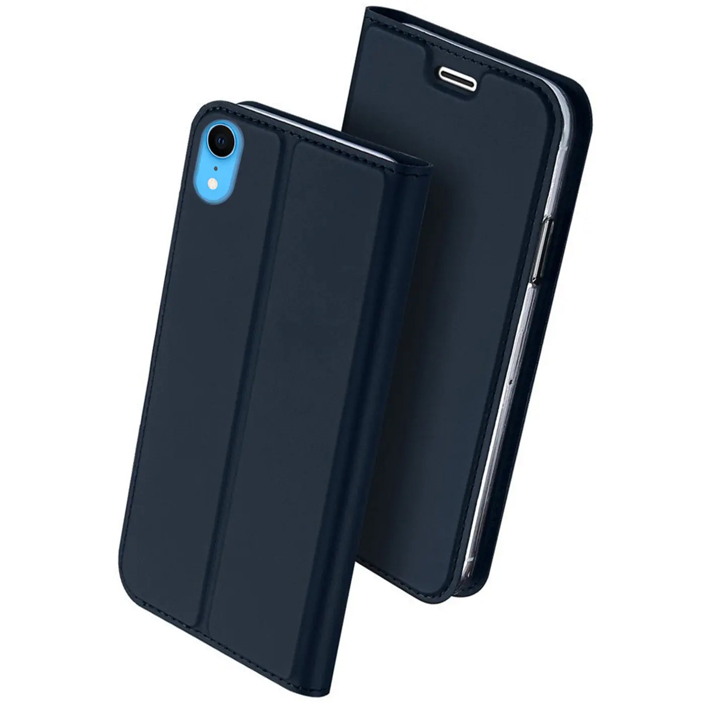 Dunkelblaue Leder-Flip-Hülle für iPhone XR, von vorne schräg betrachtet.