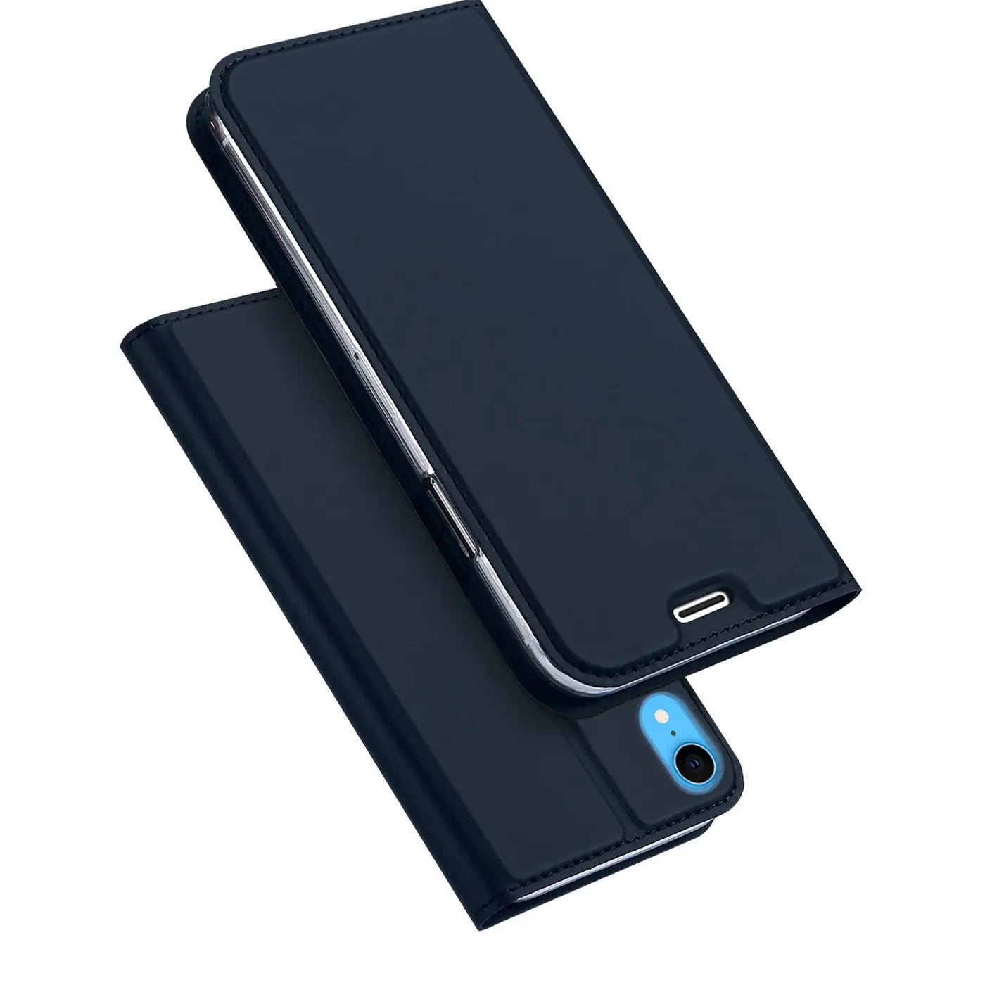 Dunkelblaue Kunstleder-Flip-Hülle für iPhone XR, von oben schräg fotografiert.
