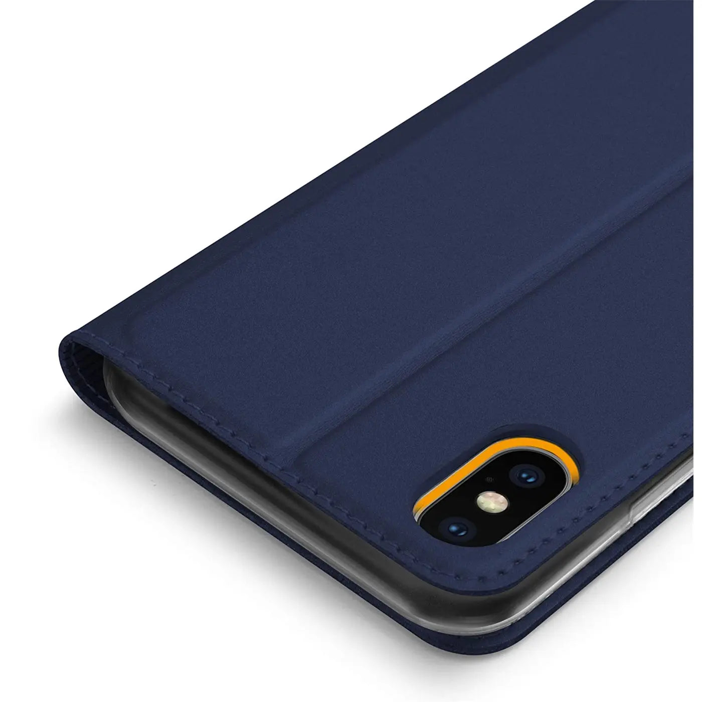 Dunkelblaue Leder-Flip-Hülle für iPhone XR, Nahaufnahme, von schräg oben.