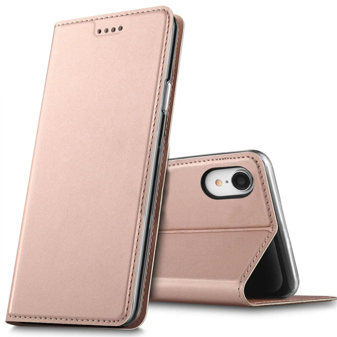 Rosafarbene Metallic-Flip-Hülle aus Kunstleder für iPhone XR, von vorne und hinten gezeigt.