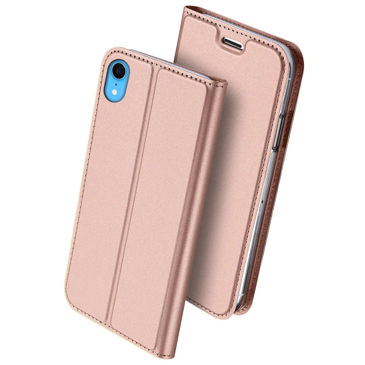 Roségoldene Leder-Flip-Hülle für iPhone XR, von vorne schräg gezeigt.
