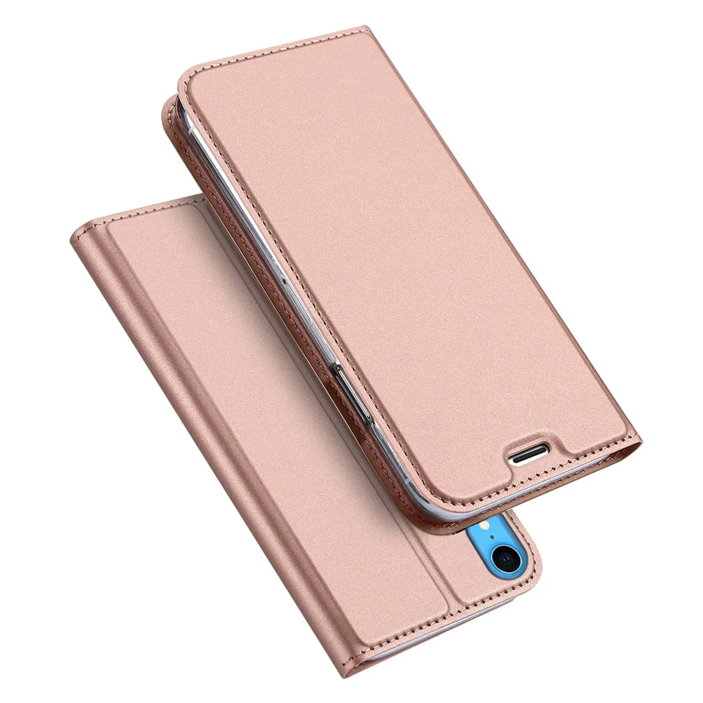 Roségoldene Metallic-Flip-Hülle aus Kunstleder, seitliche Ansicht, zeigt iPhone XR.
