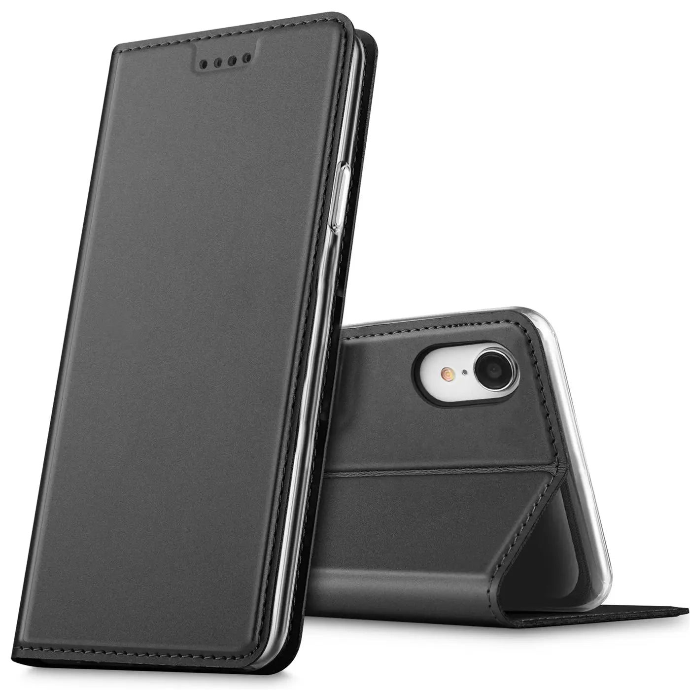Schwarze Kunstleder-Flip-Hülle, von vorne und hinten, für iPhone XR.