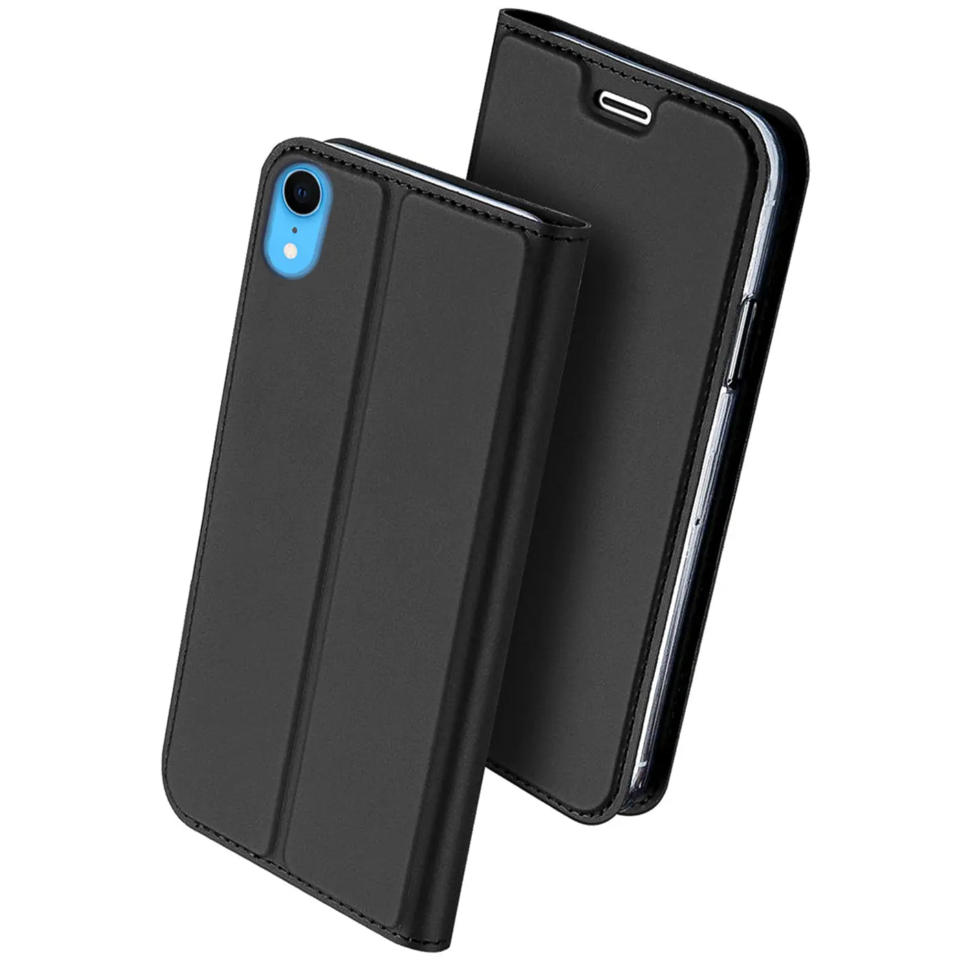 Schwarze Leder-Flip-Hülle für iPhone XR, von vorne schräg betrachtet.