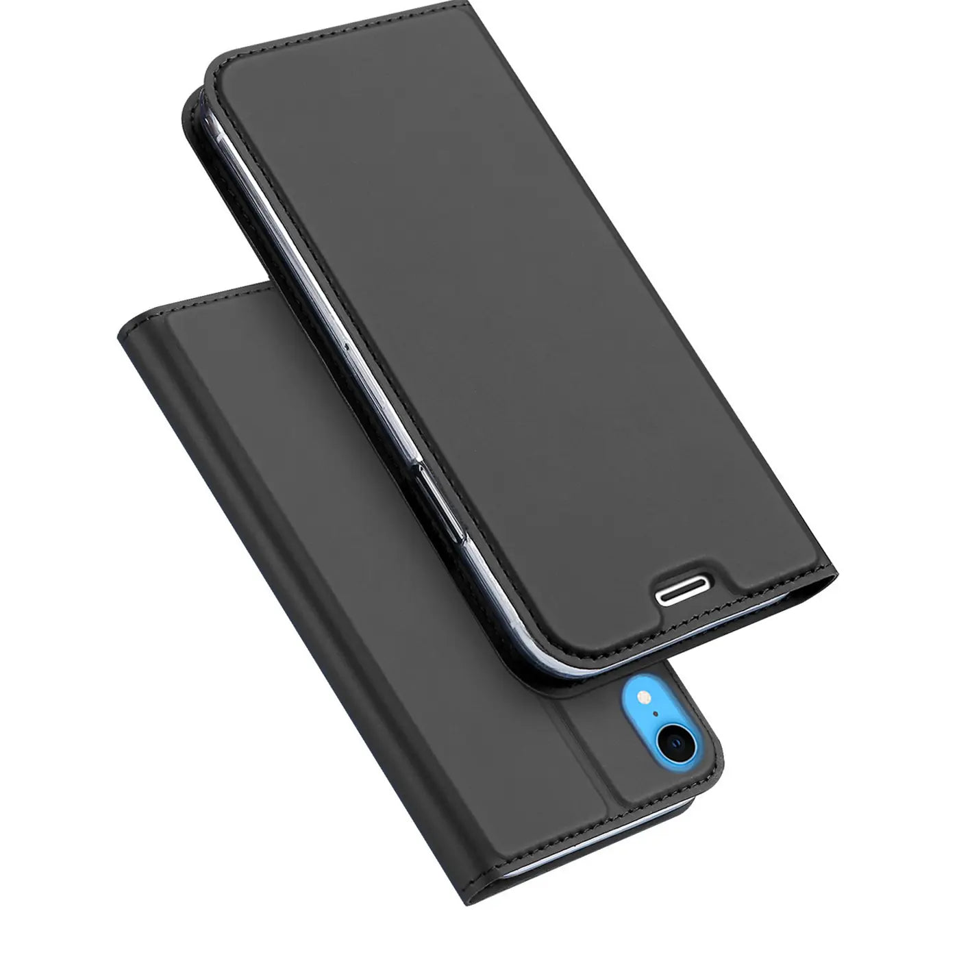 Schwarze Leder-Flip-Hülle für iPhone XR, von oben betrachtet.