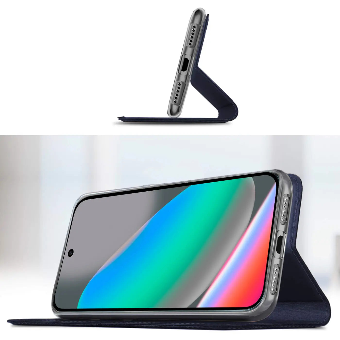 Google Pixel 10 in dunkelblauer, metallischer Flip-Hülle, als Ständer aufgestellt, von der Seite und schräg von vorne.