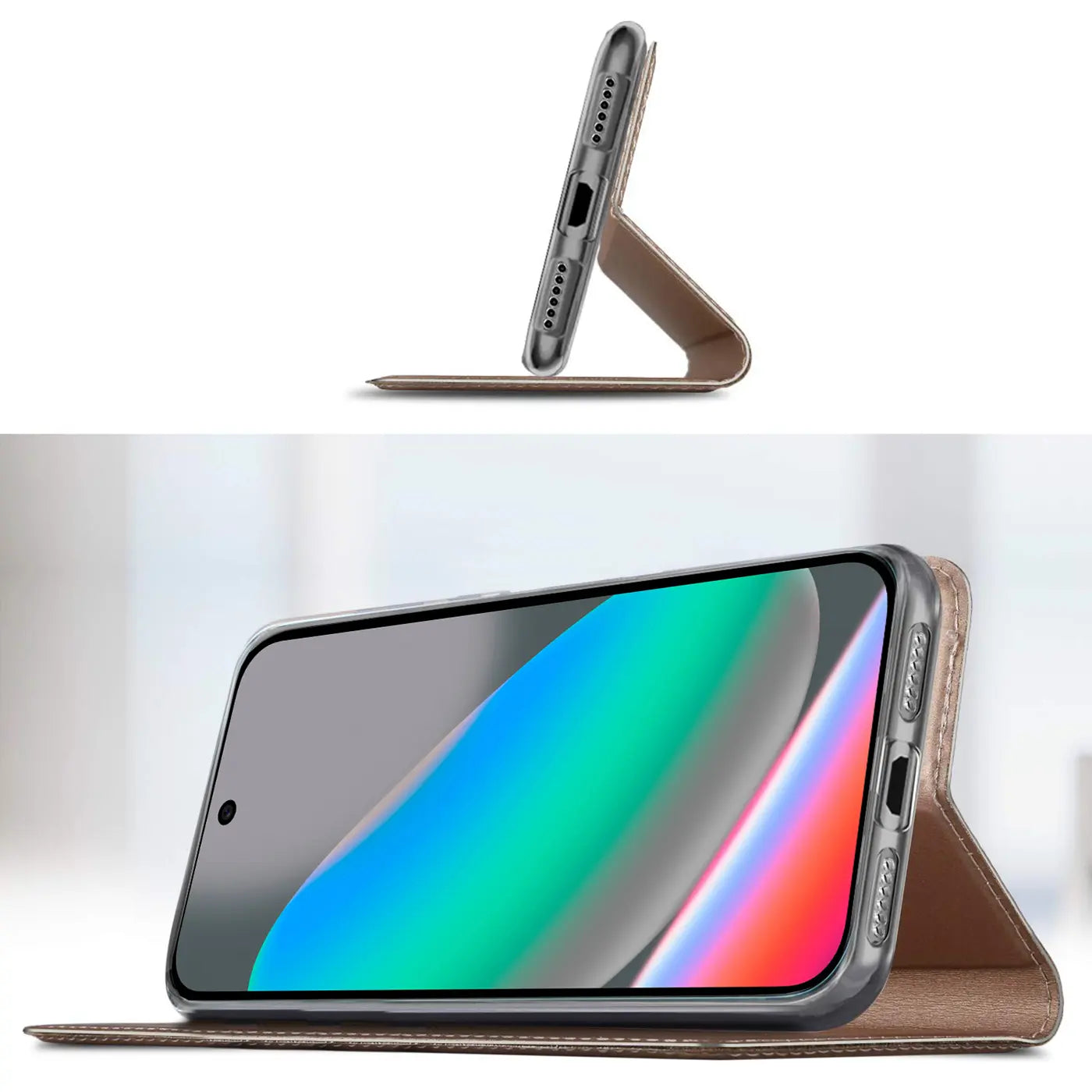 Zwei Ansichten eines Google Pixel 10 Pro in einer braunen Metallic Flip Hülle, die als Ständer dient.