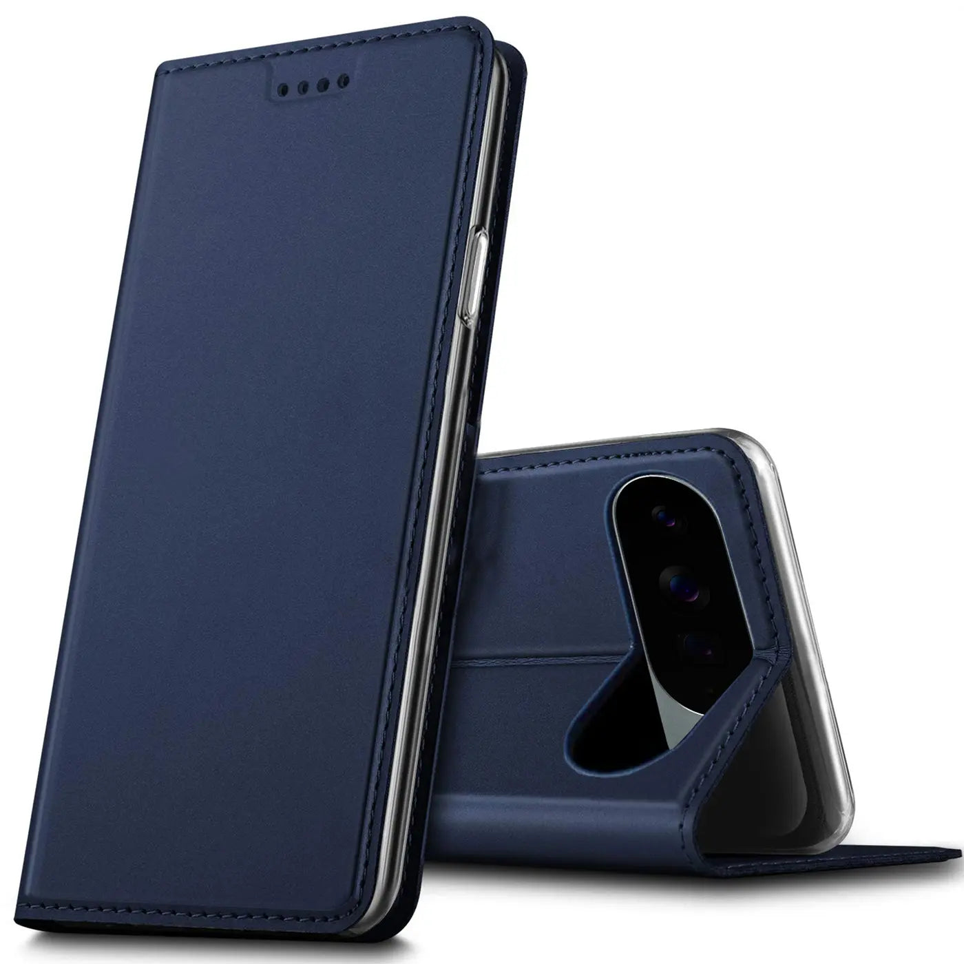 Dunkelblaue Kunstleder Flip Hülle für Google Pixel 10 Pro XL, stehend und geschlossen, auf weißem Hintergrund.