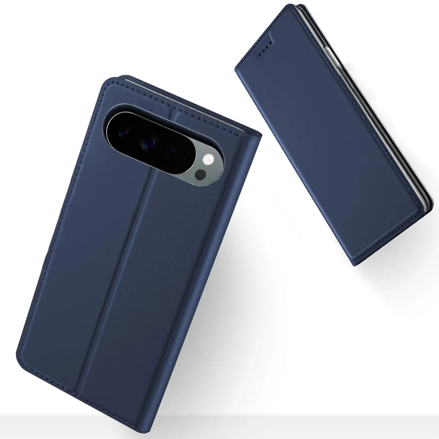 Zwei dunkelblaue Metallic Flip Hüllen für Google Pixel 10 Pro XL, eine offen, eine geschlossen, schräg von oben.