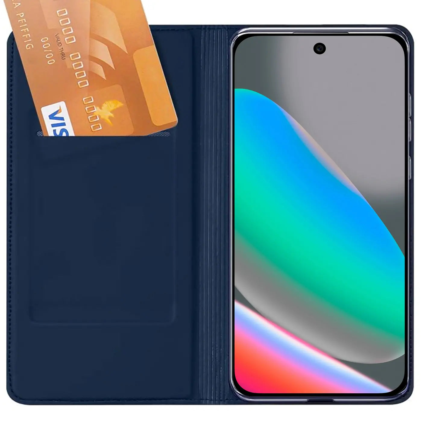 Dunkelblaue, offene Flip-Hülle aus Kunstleder für ein Google Pixel 10 Pro XL. Eine goldene Kreditkarte steckt im Fach.