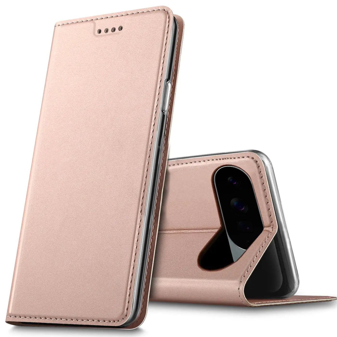 Roségoldene Metallic Flip Hülle für Google Pixel 10 Pro XL, stehend und liegend, mit Kameraausschnitt.