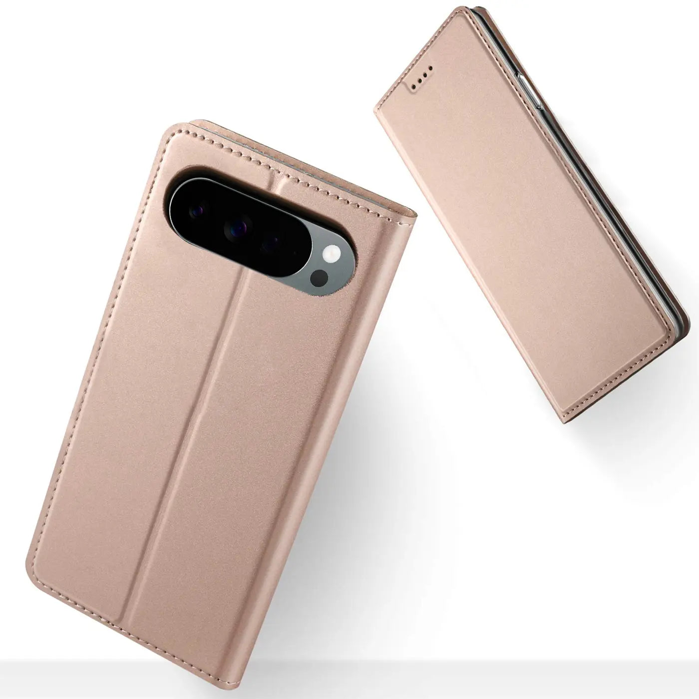 Zwei roségoldene, metallic Flip Hüllen aus Kunstleder für Google Pixel 10 Pro XL, schräg von oben.