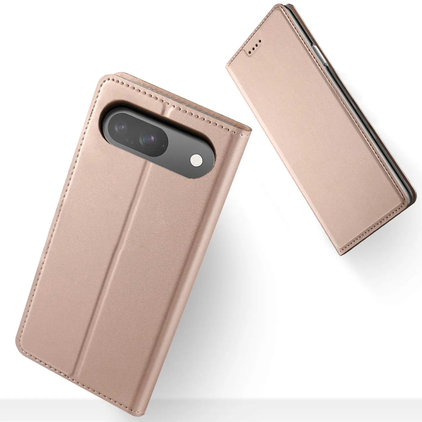Zwei roségoldene Metallic Flip Hüllen für Google Pixel 10, eine offen mit Kameraausschnitt, die andere geschlossen.