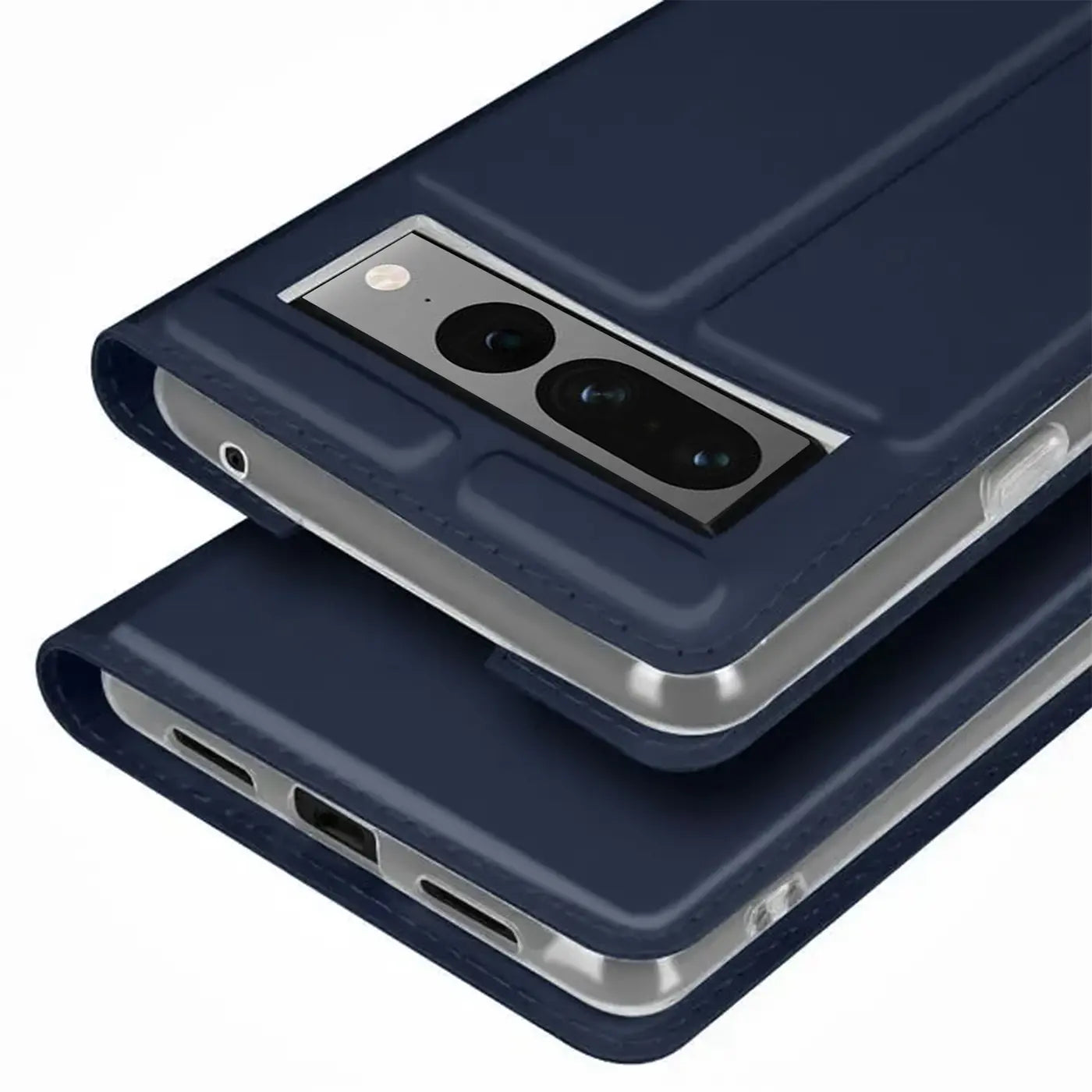 Dunkelblaue, klappbare Kunstlederhülle für Google Pixel 7 Pro, schräg von oben, Kamera und Anschlüsse sichtbar.