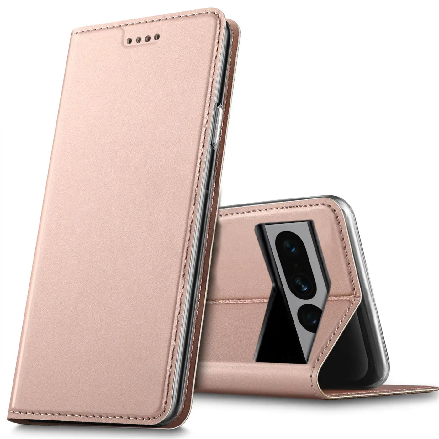 Roségoldene Metallic Flip Hülle aus Kunstleder für Google Pixel 7 Pro. Eine Hülle geschlossen, eine als Ständer.