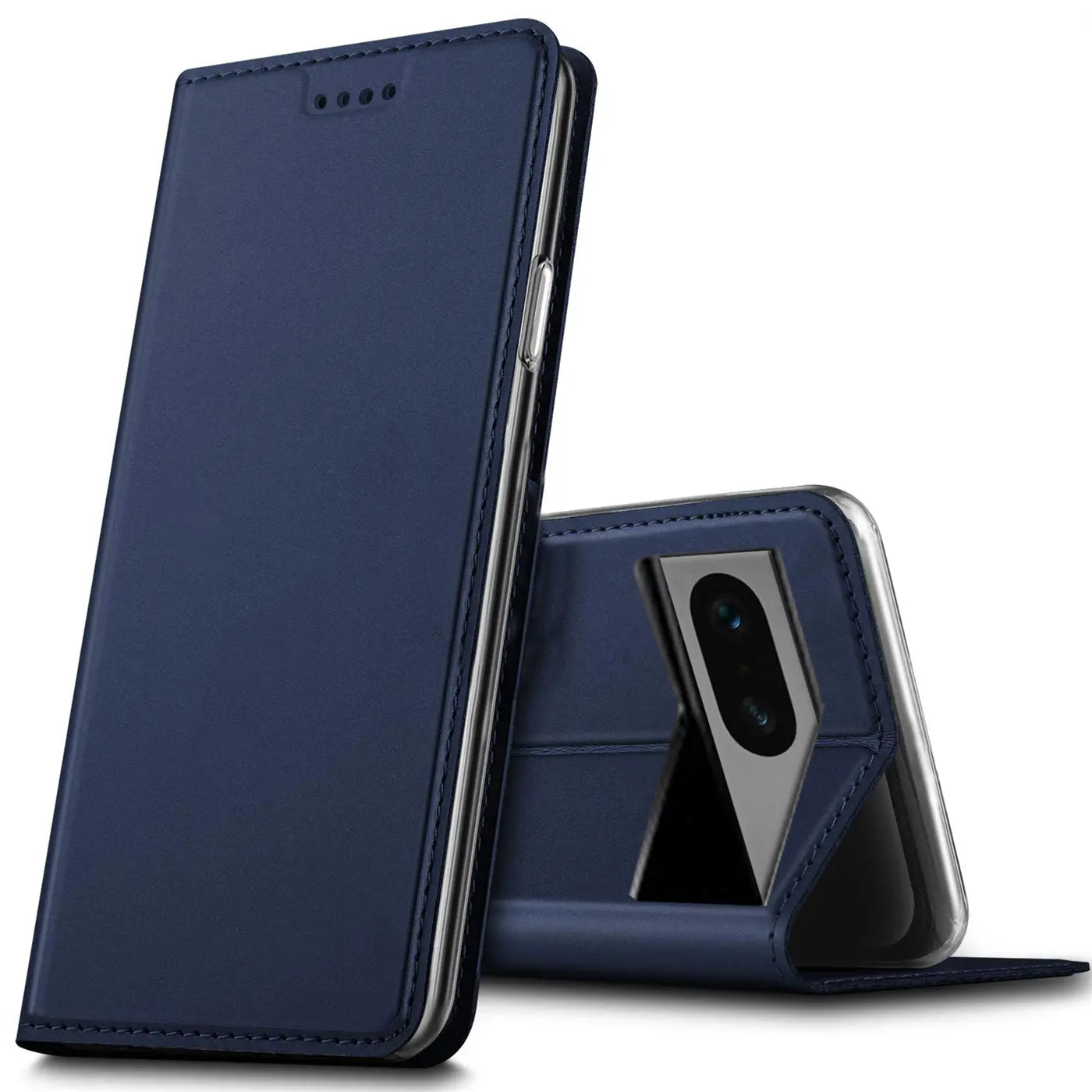 Dunkelblaue Kunstleder Flip Hülle für Google Pixel 7a, stehend und liegend, von vorne und schräg hinten.