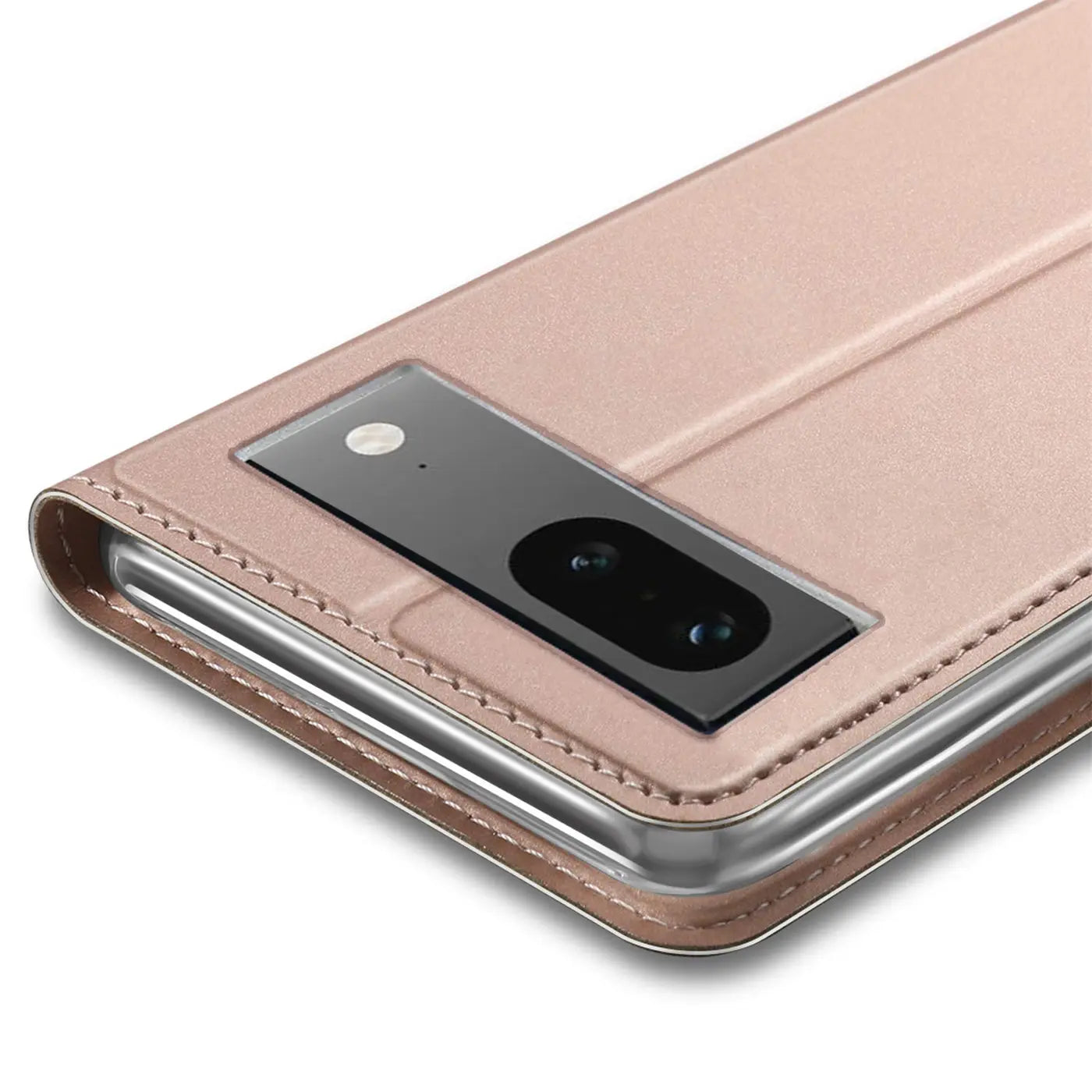 Nahaufnahme eines Google Pixel 7a in einer roségoldenen, metallic-glänzenden Flip-Hülle aus Kunstleder, schräg von oben.