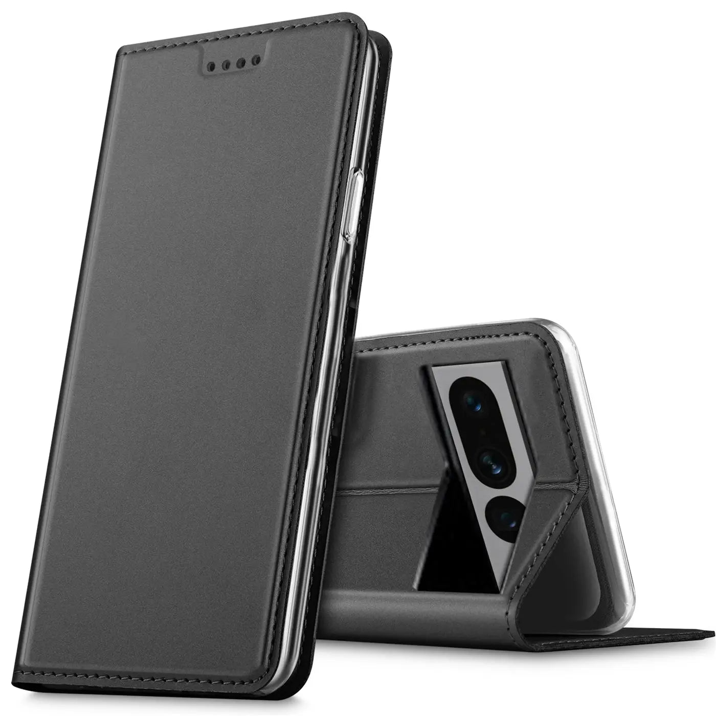 Zwei Ansichten einer schwarzen, klappbaren Kunstlederhülle für Google Pixel 8 Pro. Eine stehend, die andere als Ständer.