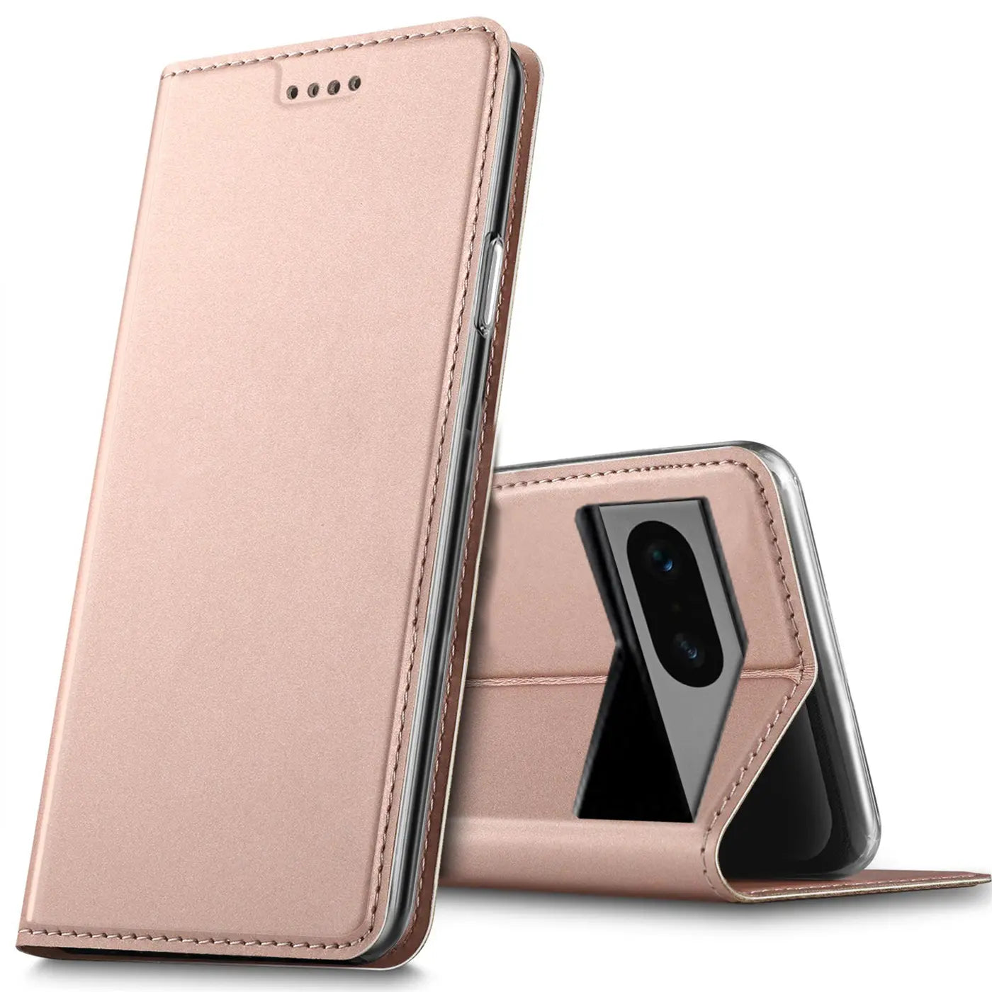 Roségoldene Metallic Flip Hülle aus Kunstleder für Google Pixel 8, stehend und liegend, schräg von vorne.