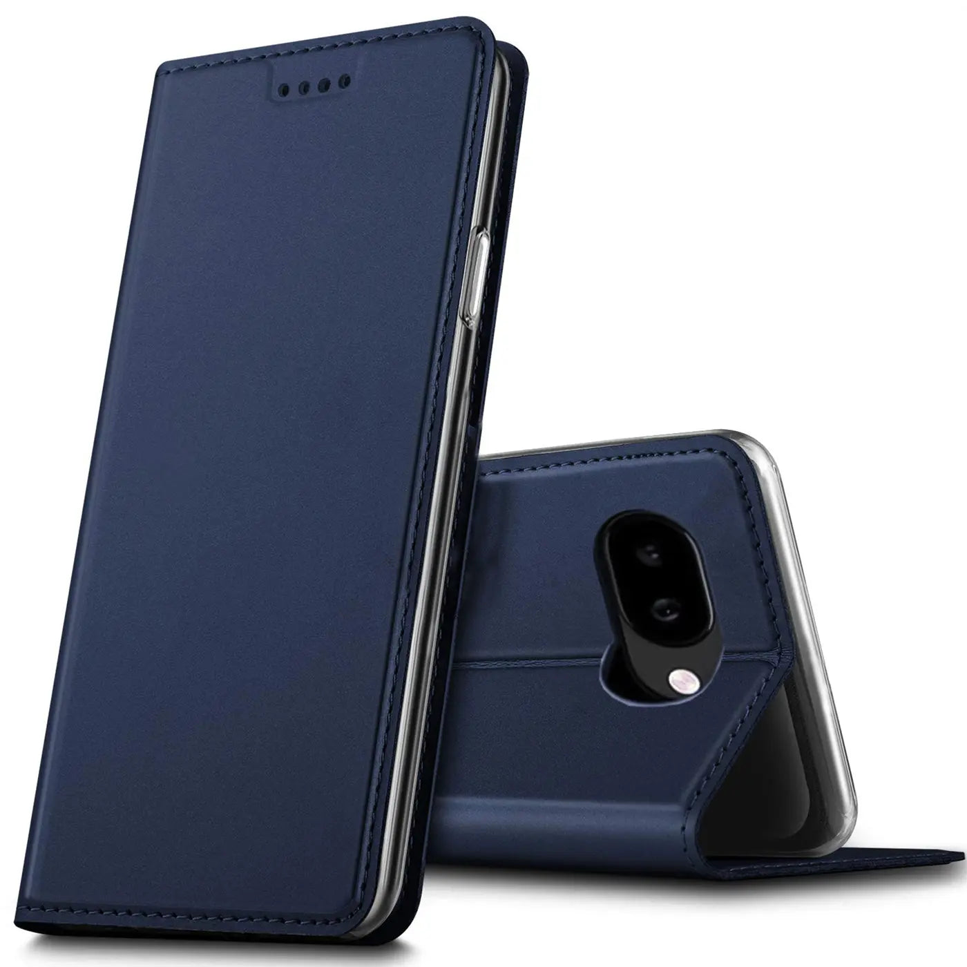 Dunkelblaue Flip-Hülle aus Kunstleder für Google Pixel 9a, stehend und liegend, mit Kameraausschnitt und Lautsprecherlöchern.