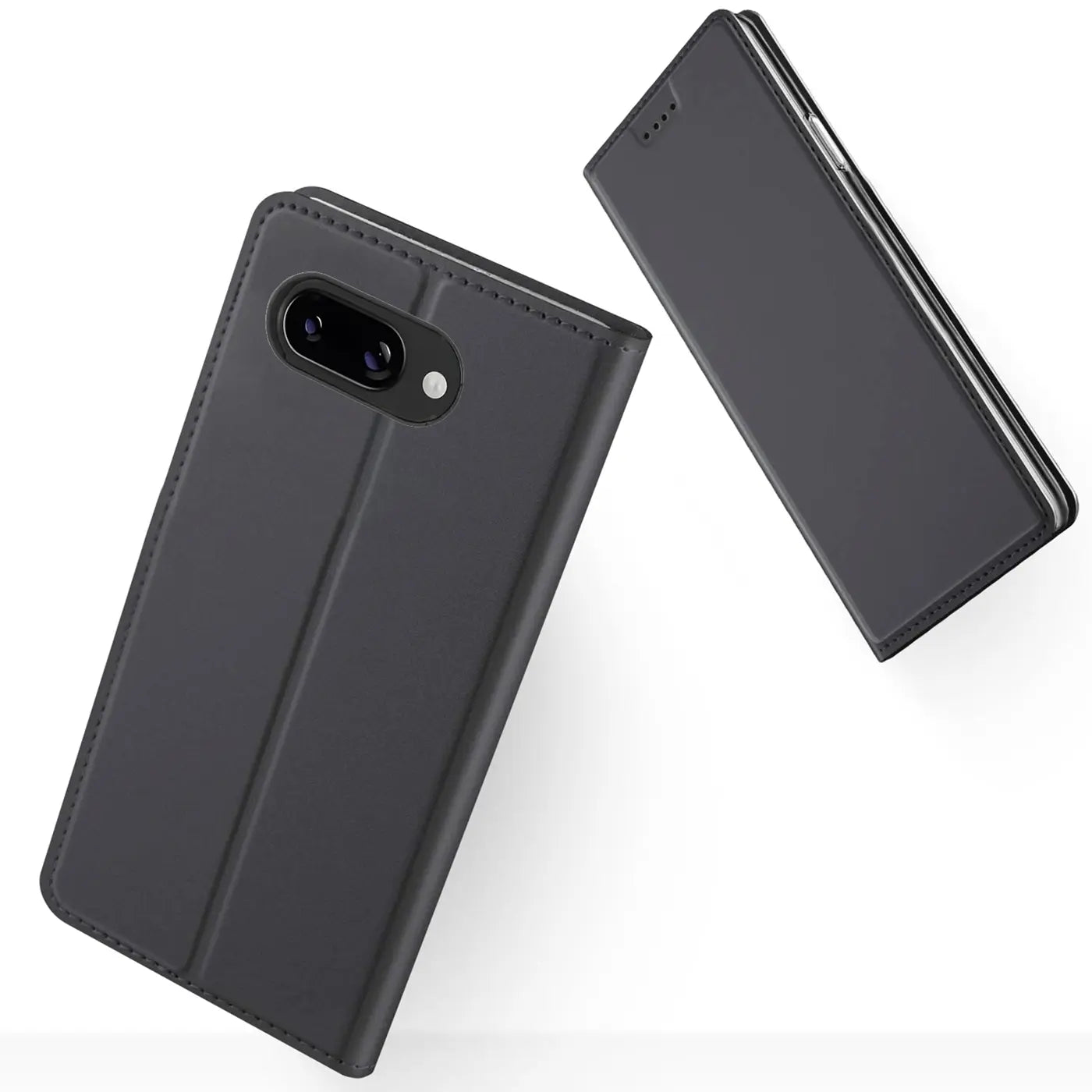 Zwei schwarze, klappbare Metallic Flip Hüllen für Google Pixel 9a, schräg von oben auf weißem Hintergrund.