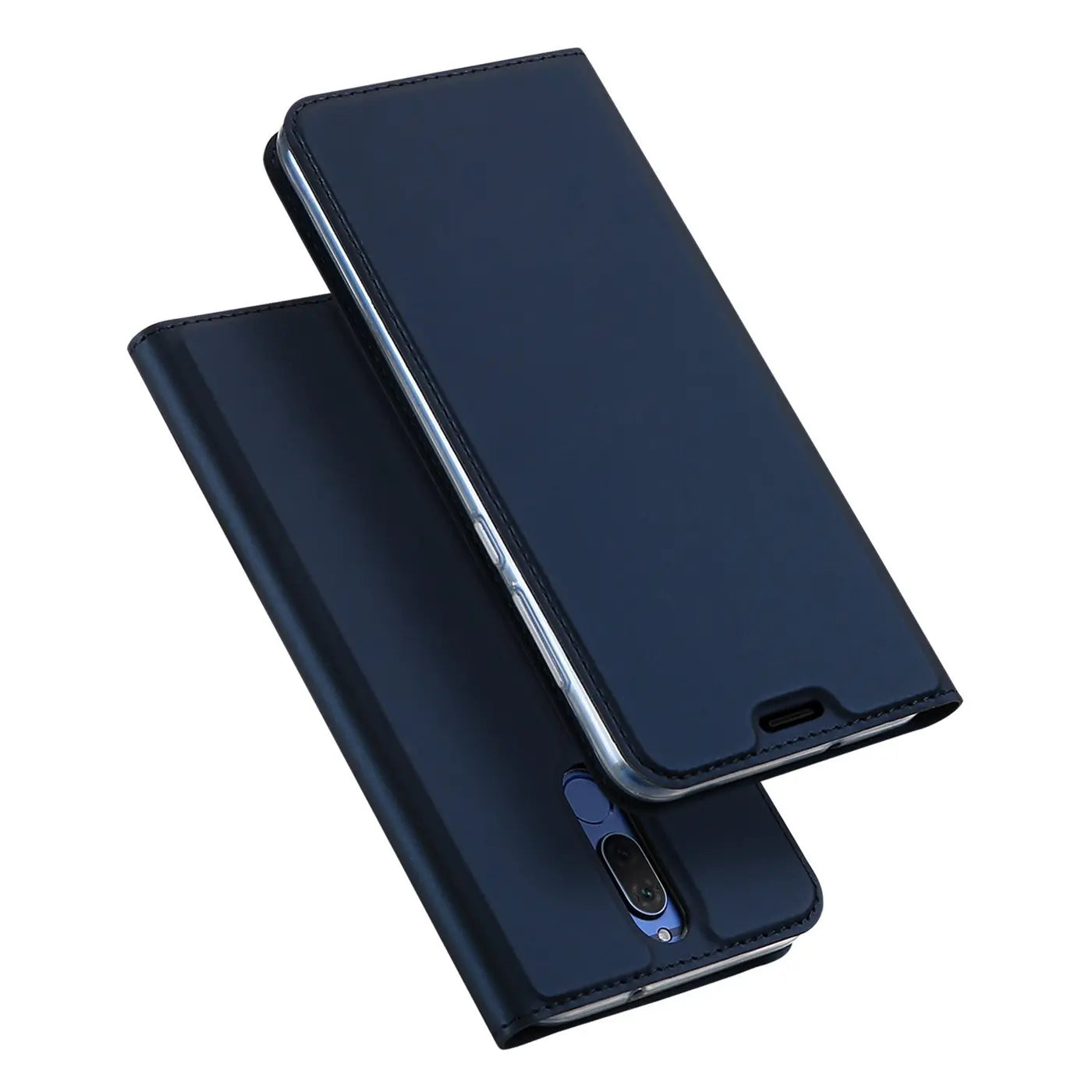 Dunkelblaue Leder-Flip-Hülle für Huawei Mate 10 Lite, von oben schräg fotografiert.