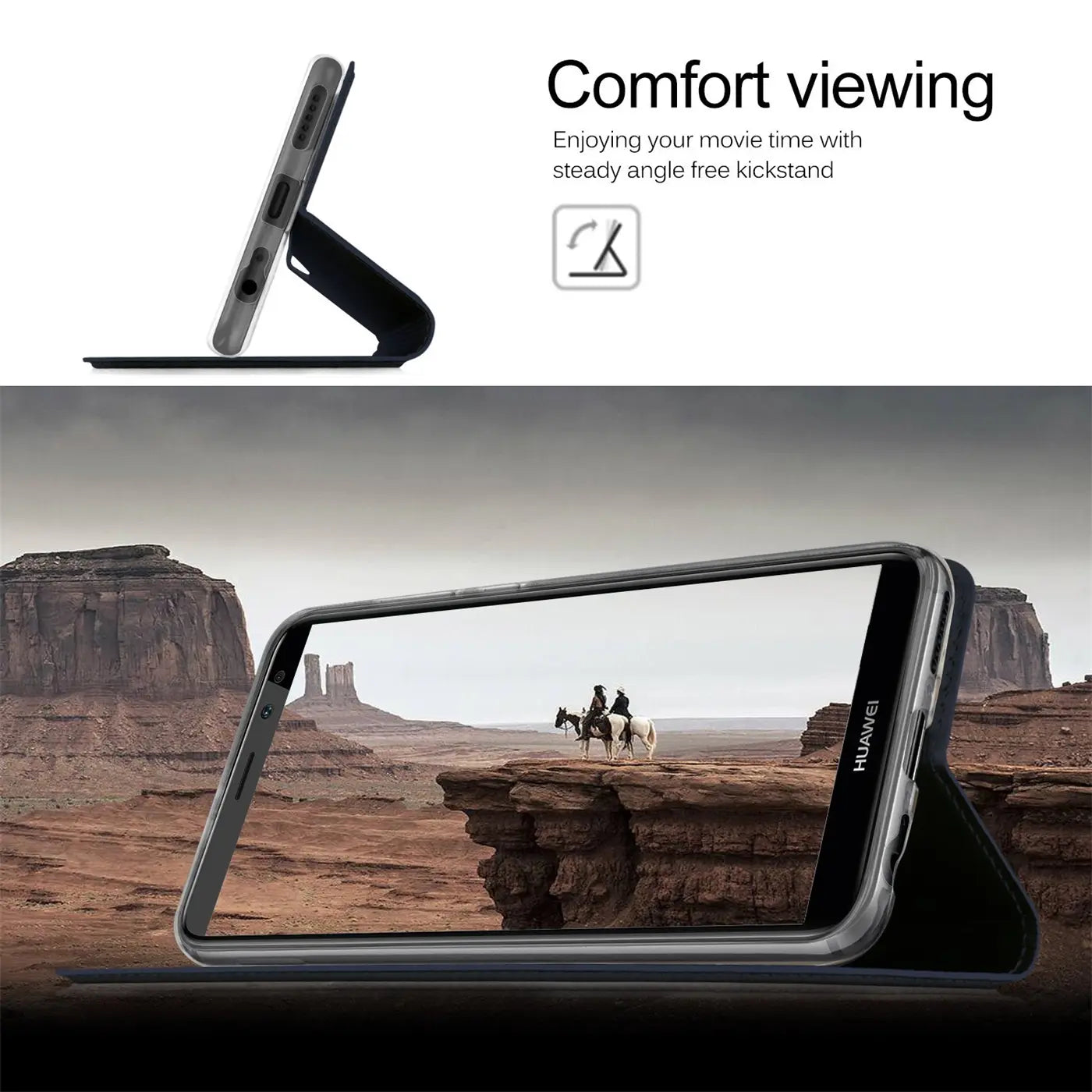 Huawei Mate 10 Lite in metallic flip case, von vorne, mit integriertem Ständer.