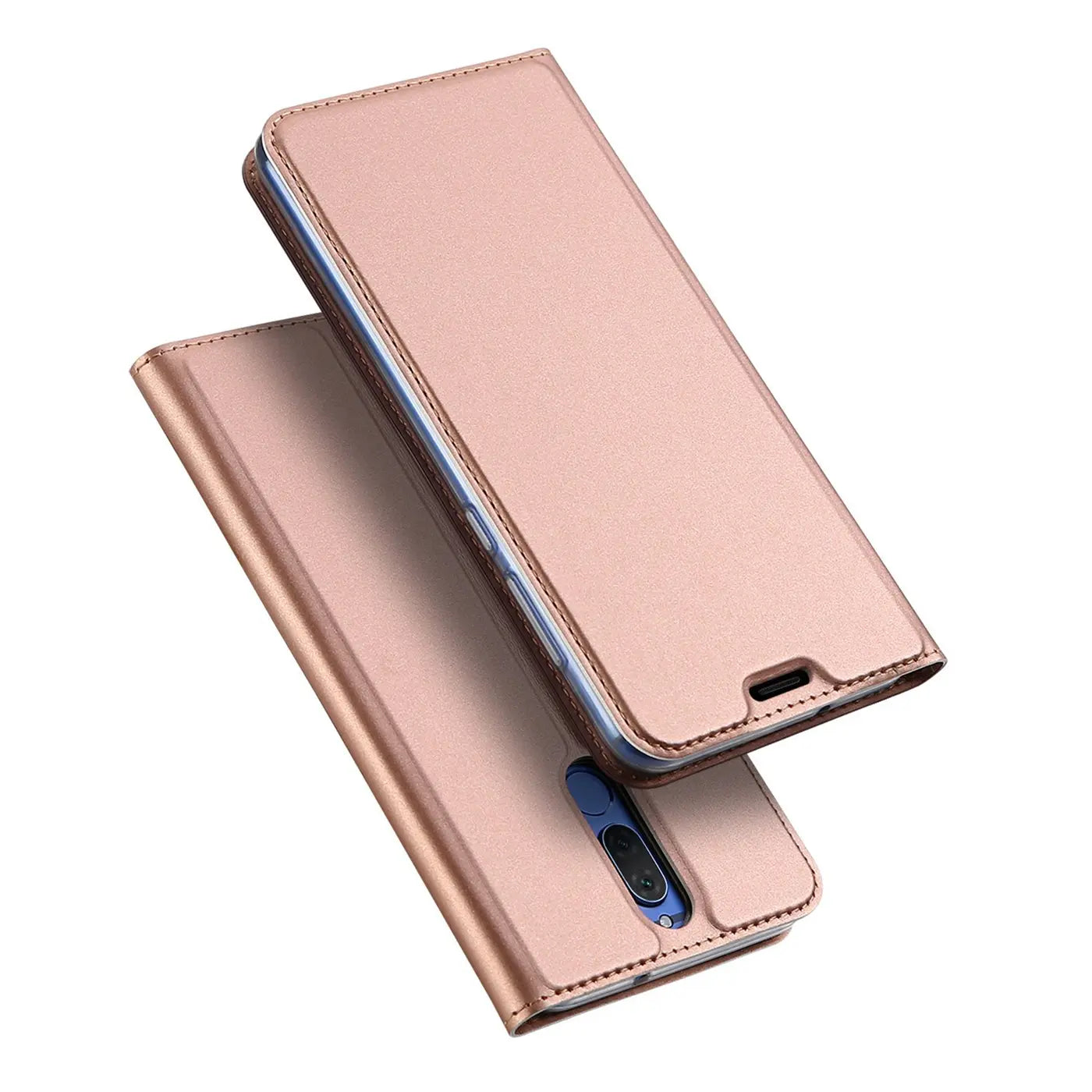 Metallic rosegoldene Klapphülle aus Kunstleder für Huawei Mate 10 Lite, von oben gesehen.