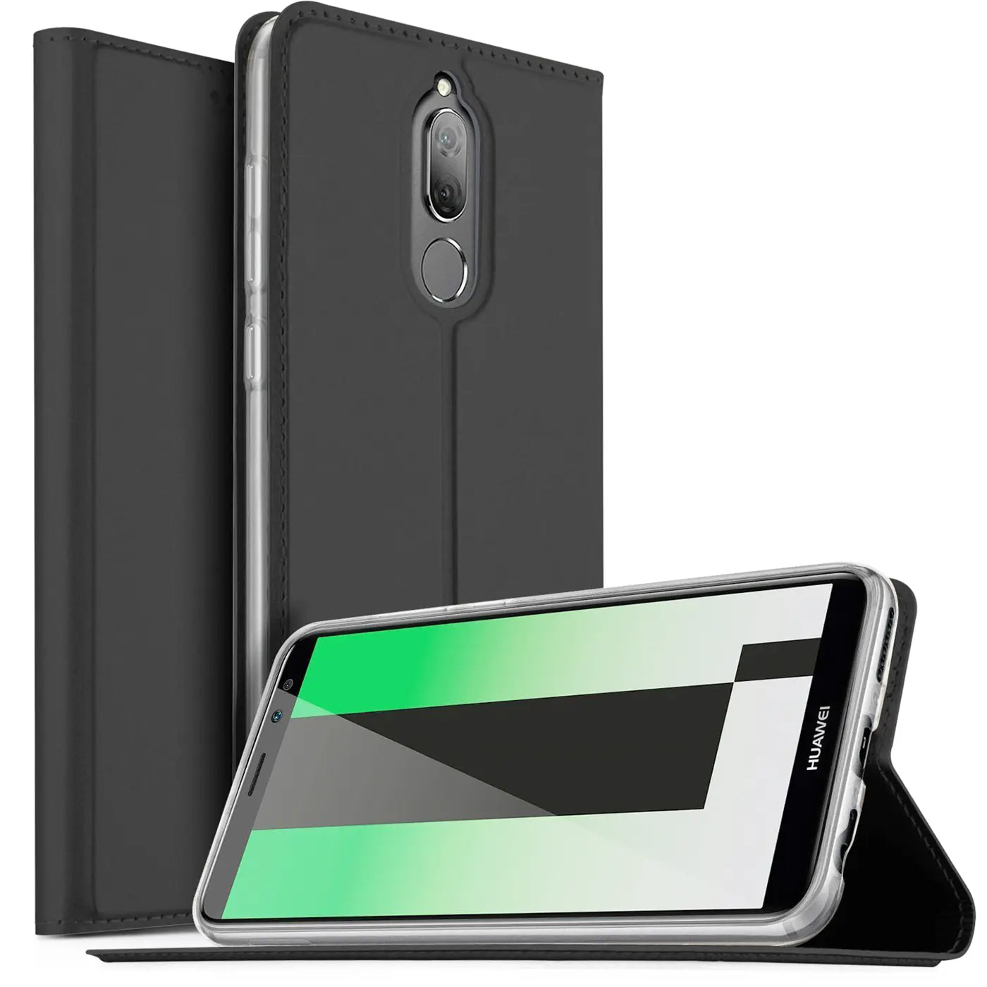 Schwarze Kunstleder-Flip-Hülle für Huawei Mate 10 Lite, von vorne, mit aufgestelltem Handy.