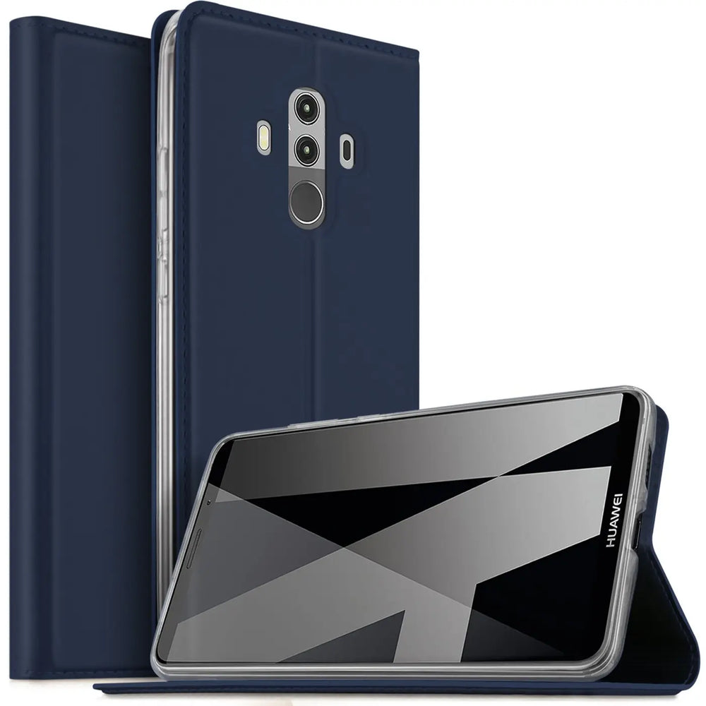 Dunkelblaue Kunstleder-Flip-Hülle mit Huawei Mate 10 Pro, von vorne und Seite
