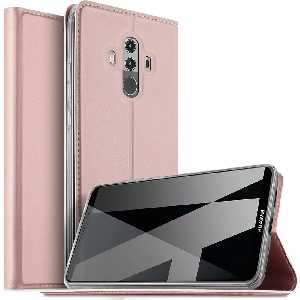 Rosa Leder-Flip-Hülle für Huawei Mate 10 Pro, von vorne, mit Handy.