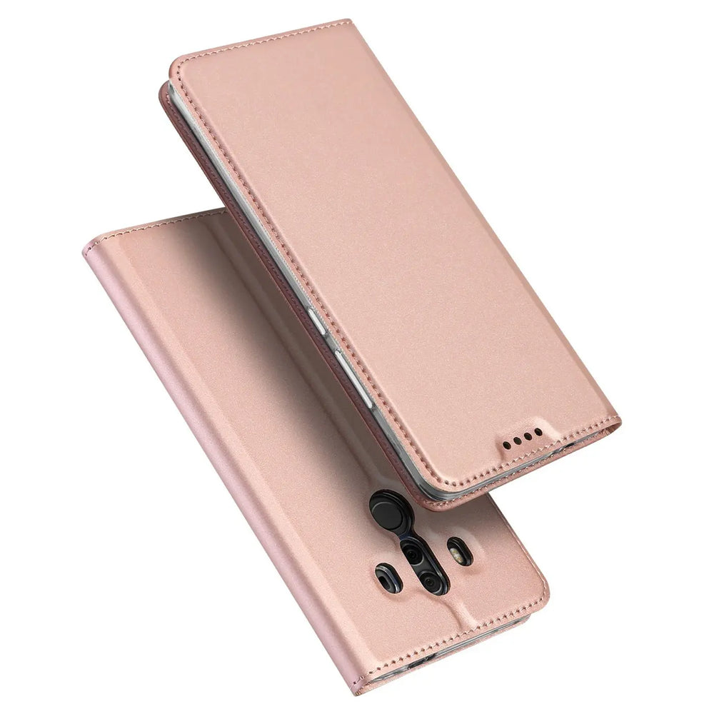 Rosafarbene Metallic-Flip-Hülle aus Leder für Huawei Mate 10 Pro, von oben schräg fotografiert.