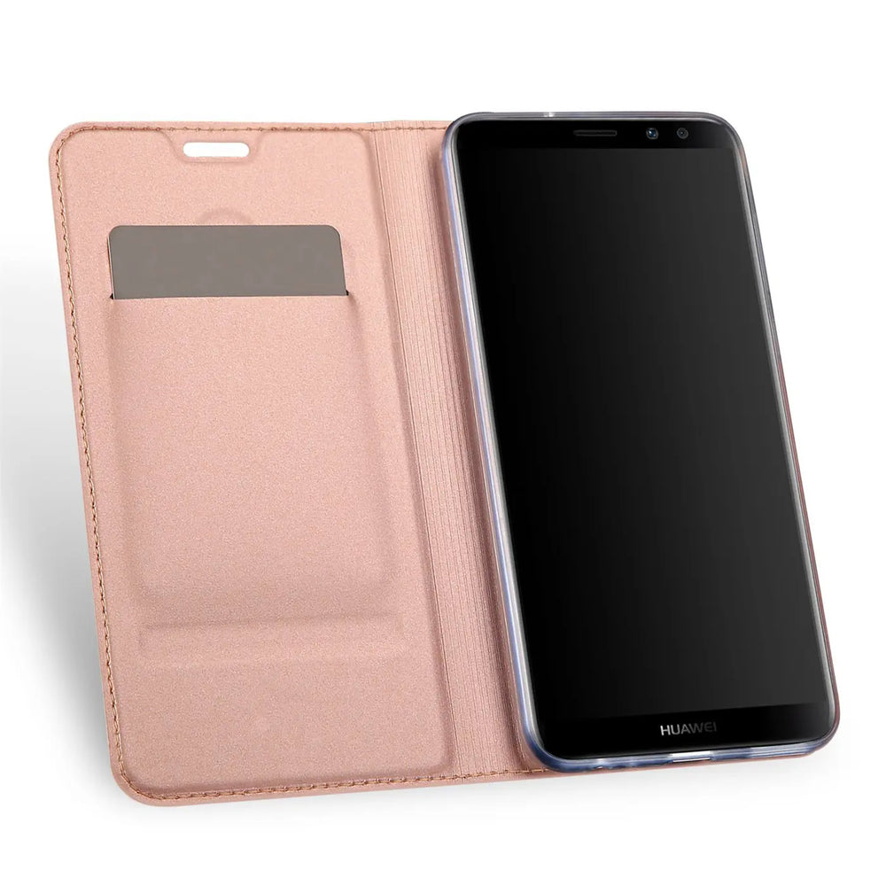 Rosafarbene Klapphülle aus Kunstleder mit Kartenfach, zeigt Huawei Mate 10 Pro, von vorne
