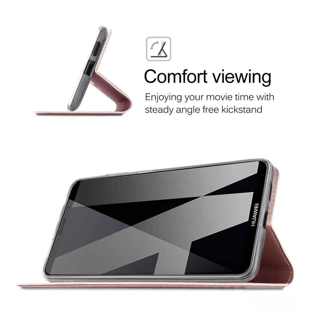 Huawei Mate 10 Pro in roségoldener Klapphülle, von vorne, mit Standfunktion
