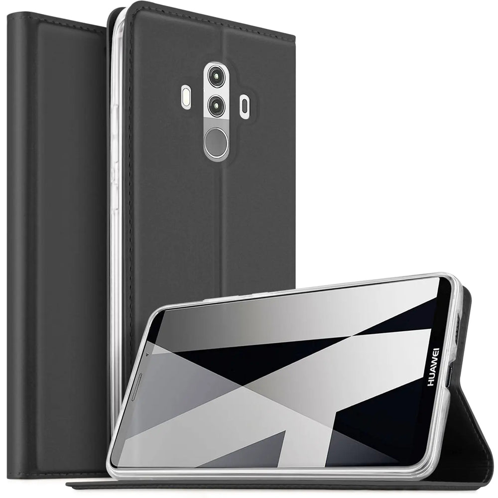 Schwarze Leder-Flip-Hülle mit Huawei Mate 10 Pro, von vorne und von der Seite