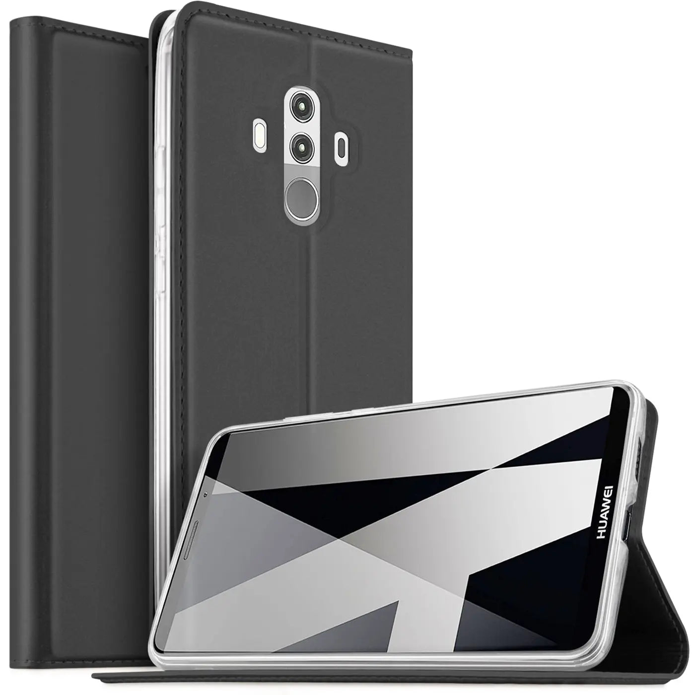 Schwarze Leder-Flip-Hülle mit Huawei Mate 10 Pro, von vorne und von der Seite