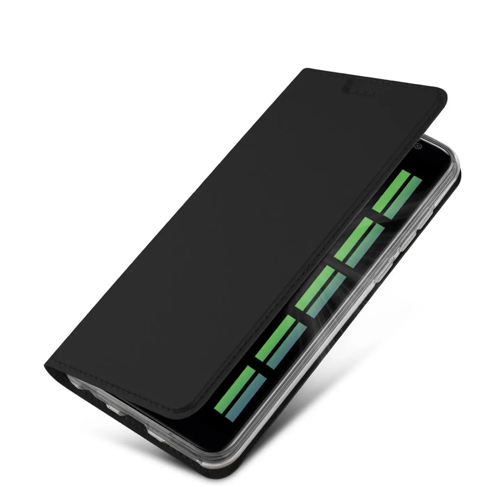 Schwarze Klapphülle aus Lederimitat für Huawei Mate 10 Pro, von oben schräg fotografiert.