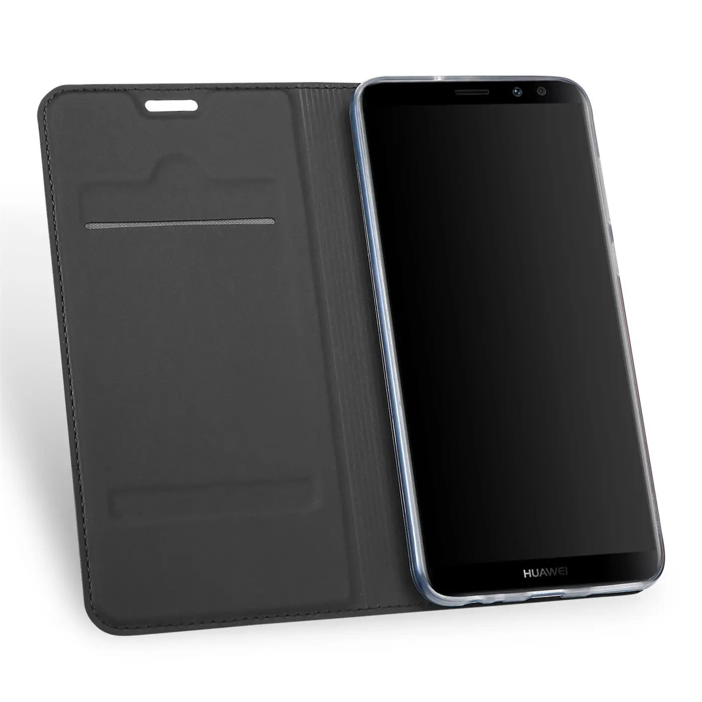 Schwarze Leder-Flip-Hülle mit Kartenfächern, daneben ein Huawei Mate 10 Pro.