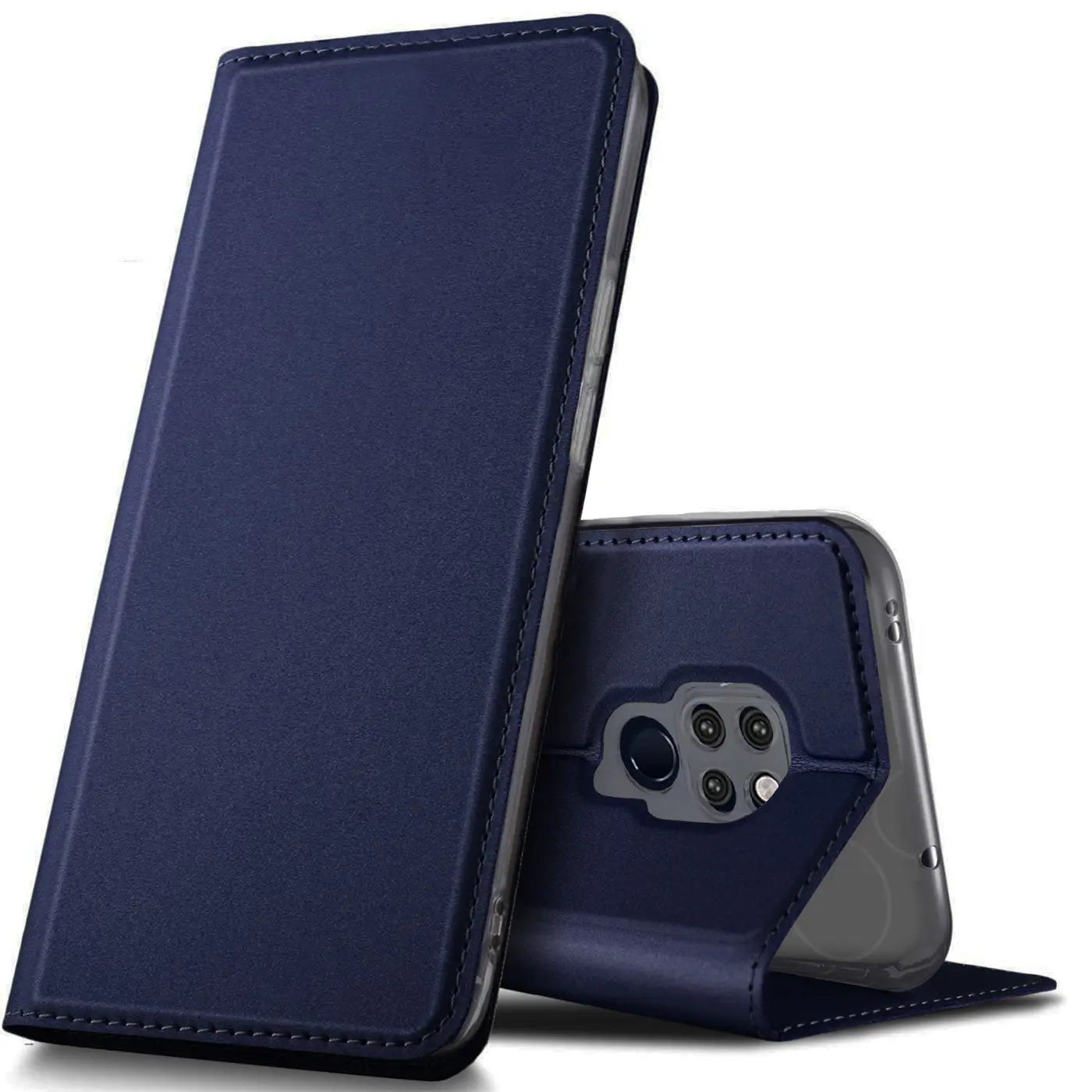 Dunkelblaue Kunstleder-Flip-Hülle für Huawei Mate 20, von vorne schräg gezeigt.