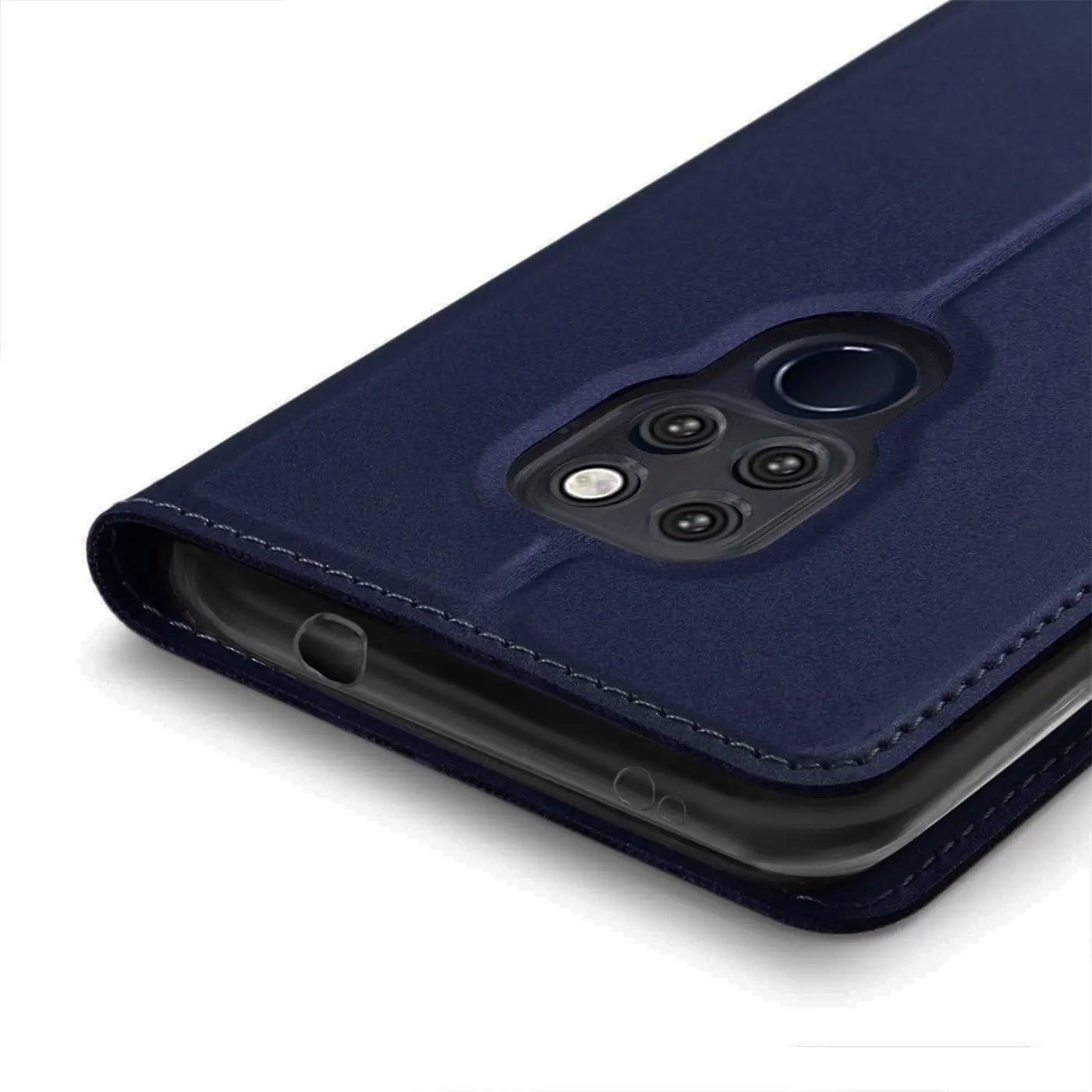 Dunkelblaue Leder-Flip-Hülle, Nahaufnahme, Huawei Mate 20 Kameraaussparung.