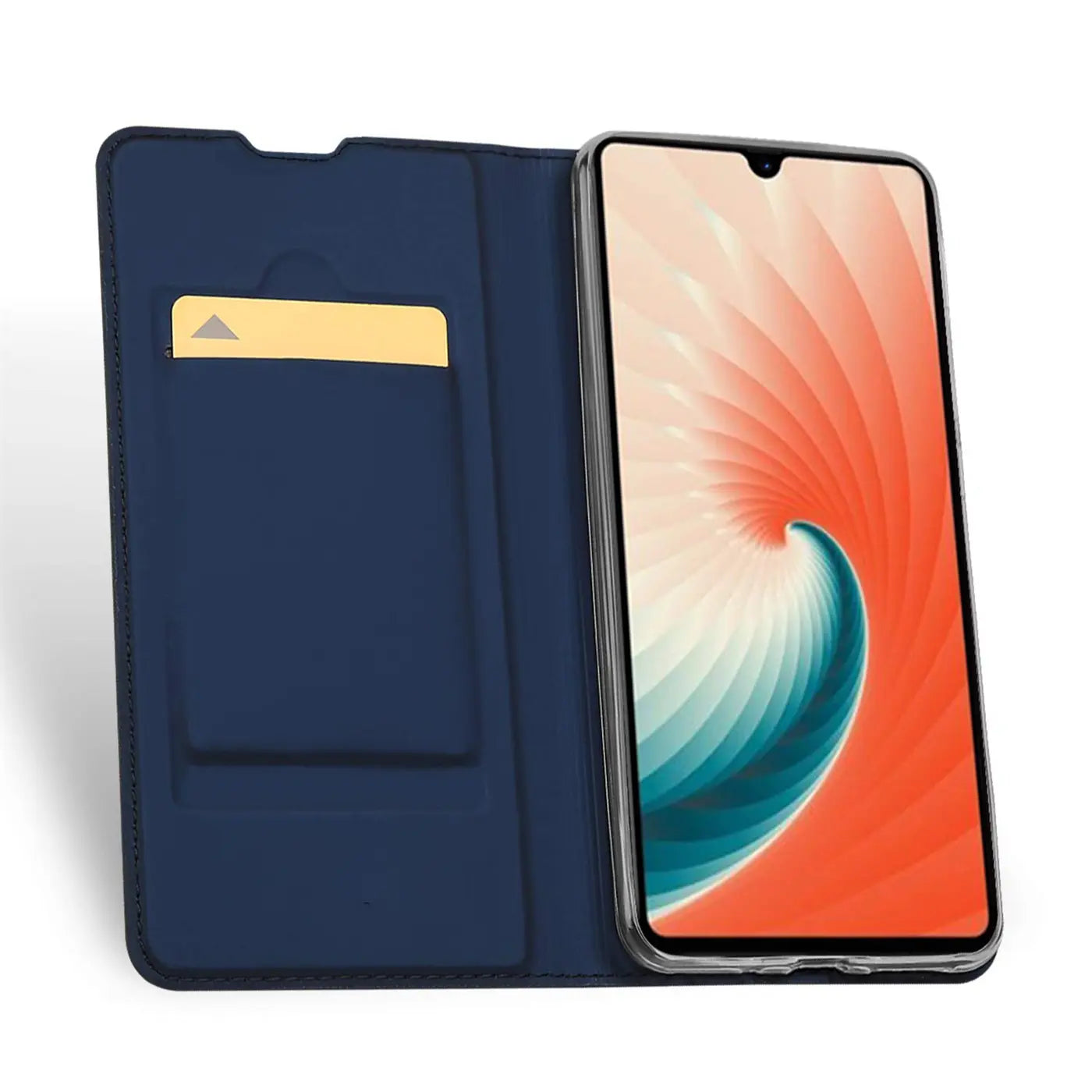Dunkelblaue Kunstleder-Flip-Hülle mit Kartenfach, zeigt Huawei Mate 20, von vorne schräg