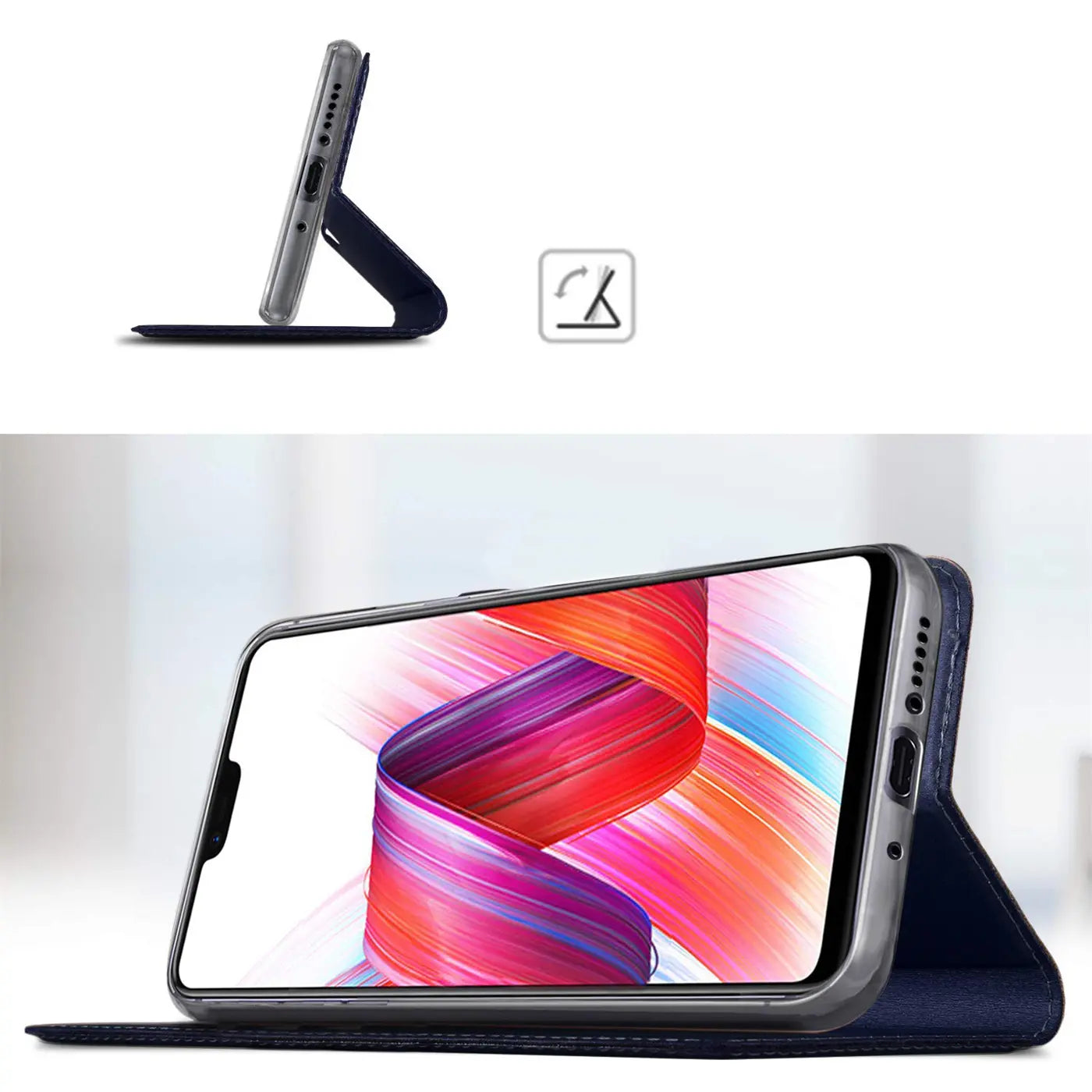 Dunkelblaue Klapphülle aus Kunstleder für Huawei Mate 20, seitliche Ansicht, aufgestellt.
